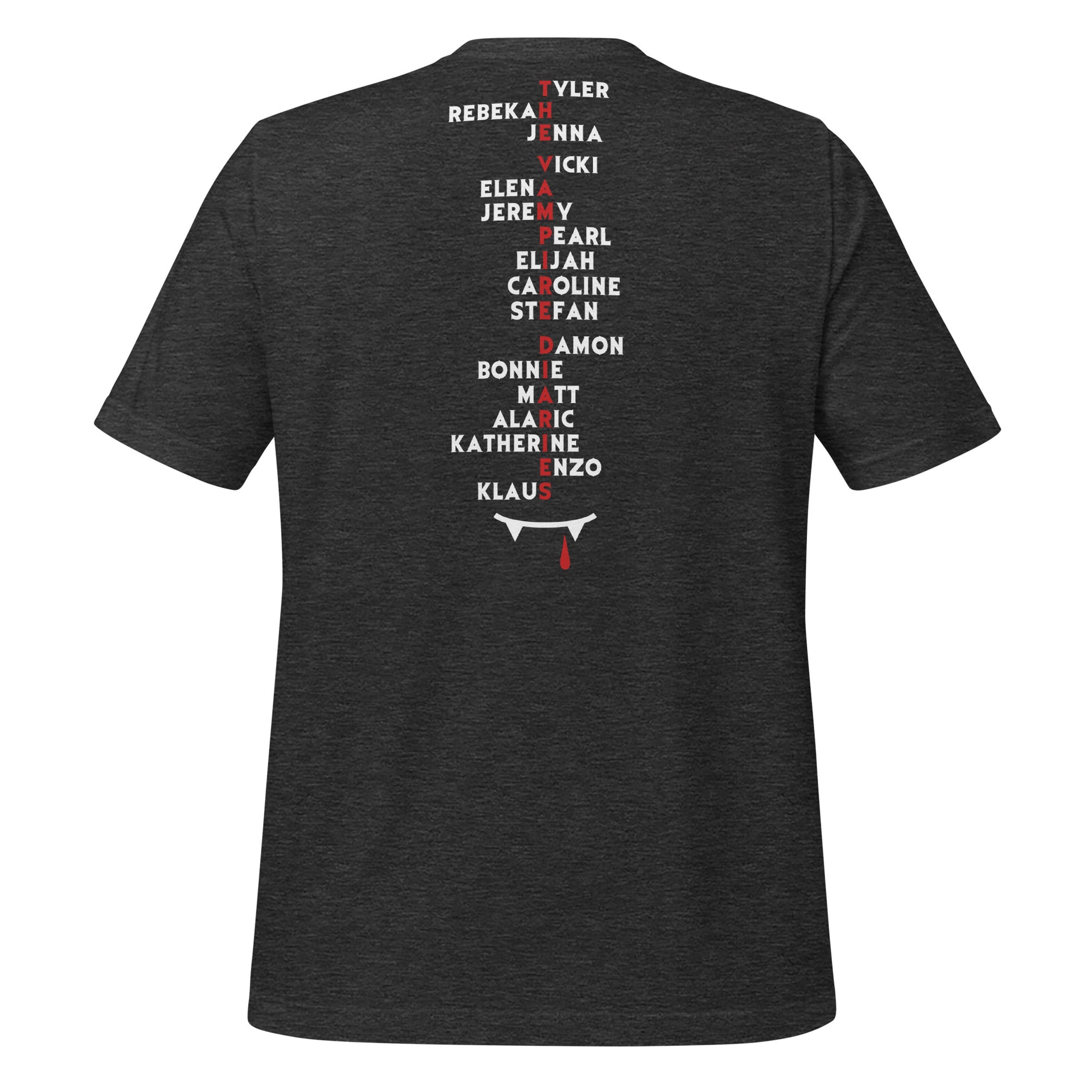 Grey Mystic Falls Virginia shirt with character names on the back for the Vampire Diaries apparel line by fandom graphic shirt company Midnight Gypsy Designs.