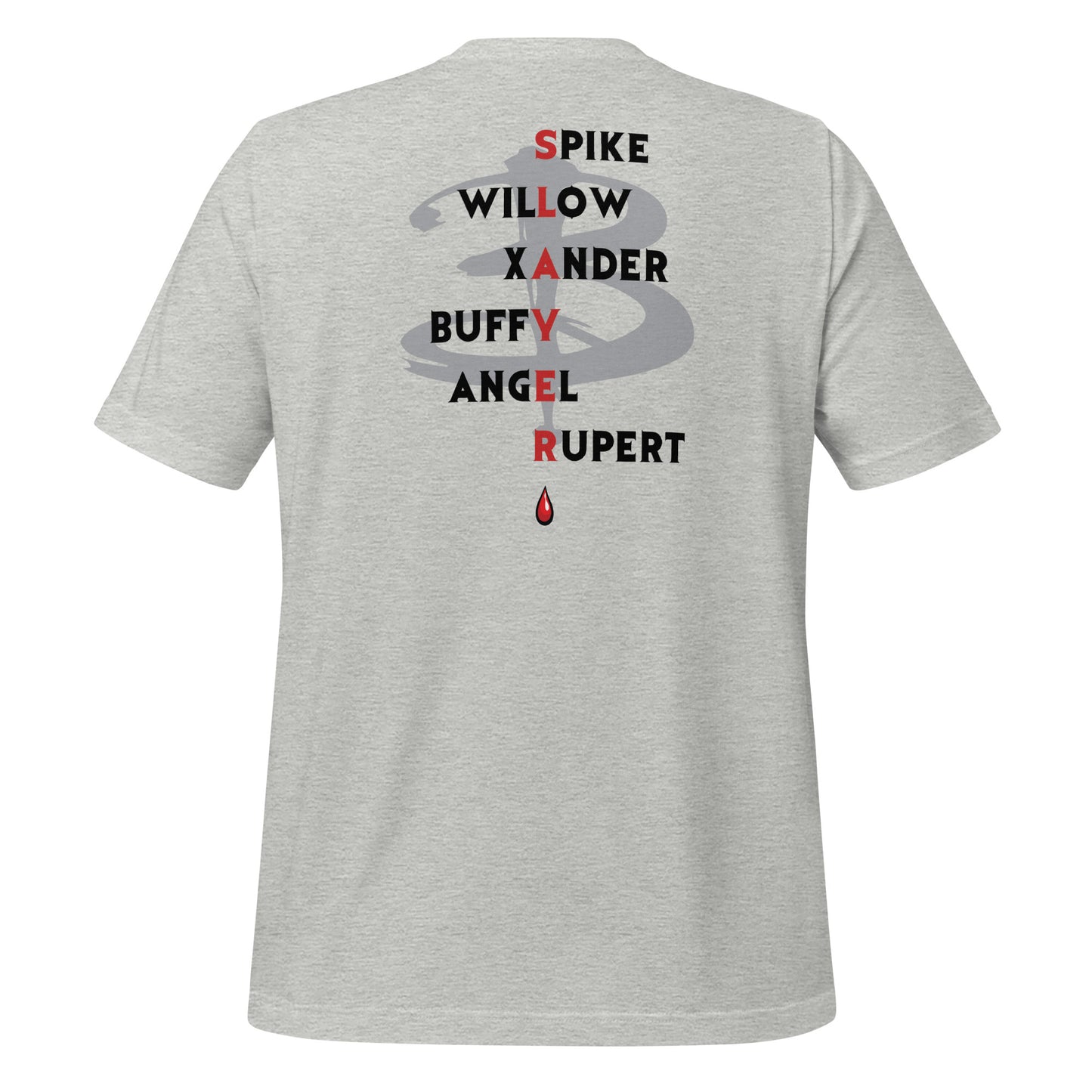 Grey Scooby Gang Buffy the Vampire Slayer T-shirt with the character names Spike, Willow, Xander, Buffy, Angel, and Rupert on the back with the word Slayer in red and a red blood drip created by fandom graphic apparel company Midnight Gypsy Designs as part of their Buffy the Vampire Slayer clothing line.