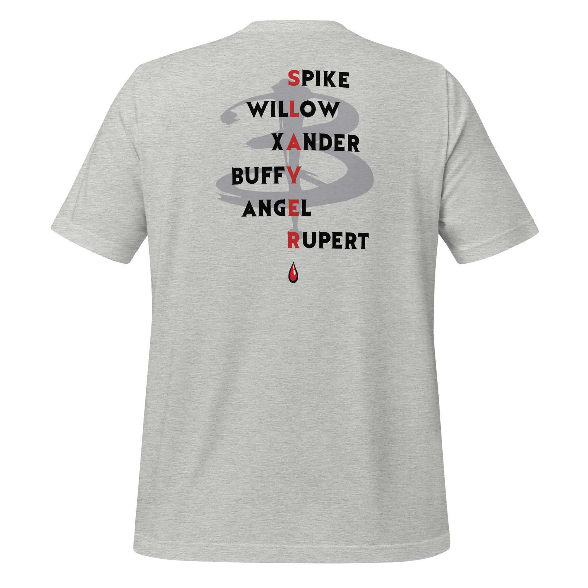 Grey Scooby Gang Buffy the Vampire Slayer T-shirt with the character names Spike, Willow, Xander, Buffy, Angel, and Rupert on the back with the word Slayer in red and a red blood drip created by fandom graphic apparel company Midnight Gypsy Designs as part of their Buffy the Vampire Slayer clothing line.