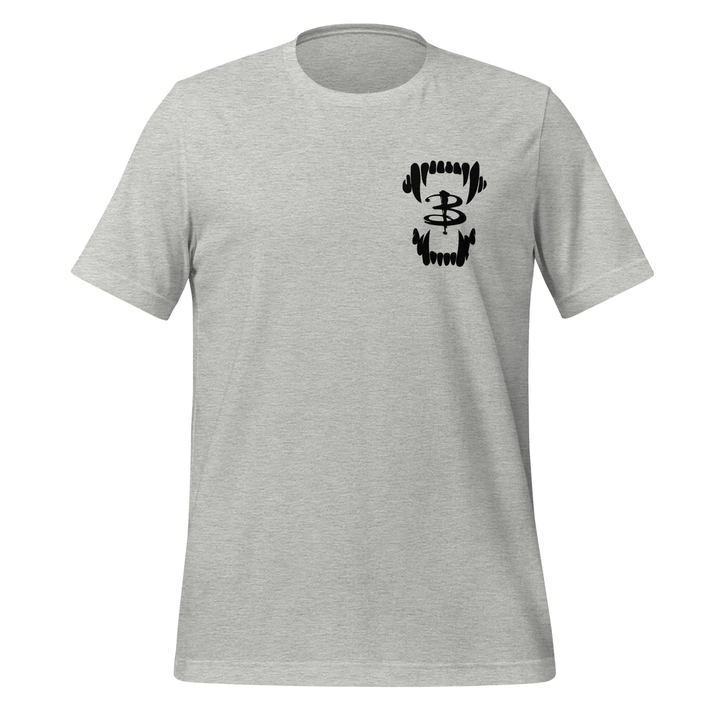 Grey Scooby Gang Buffy the Vampire Slayer T-shirt with vampire teeth on the front and the character names Spike, Willow, Xander, Buffy, Angel, and Rupert on the back with the word Slayer in red and a red blood drip created by fandom graphic apparel company Midnight Gypsy Designs as part of their Buffy the Vampire Slayer clothing line.