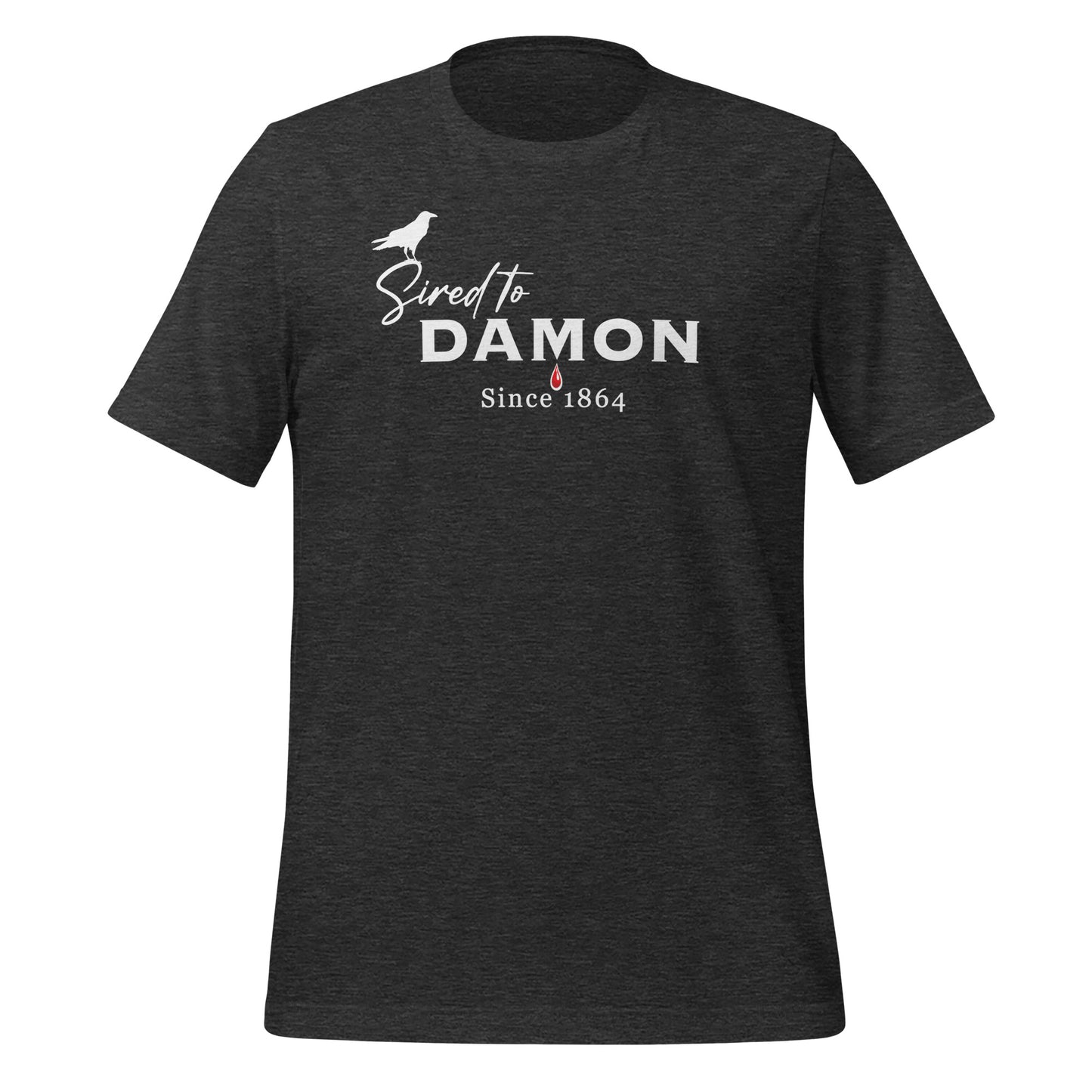 Grey The Vampire Diaries Sired to Damon Since 1864 t-shirt with a crow and blood drip created by fandom graphic apparel company Midnight Gypsy Designs as part of their The Vampire Diaries clothing line. Perfect Damon Salvatore shirt and Team Damon shirt.