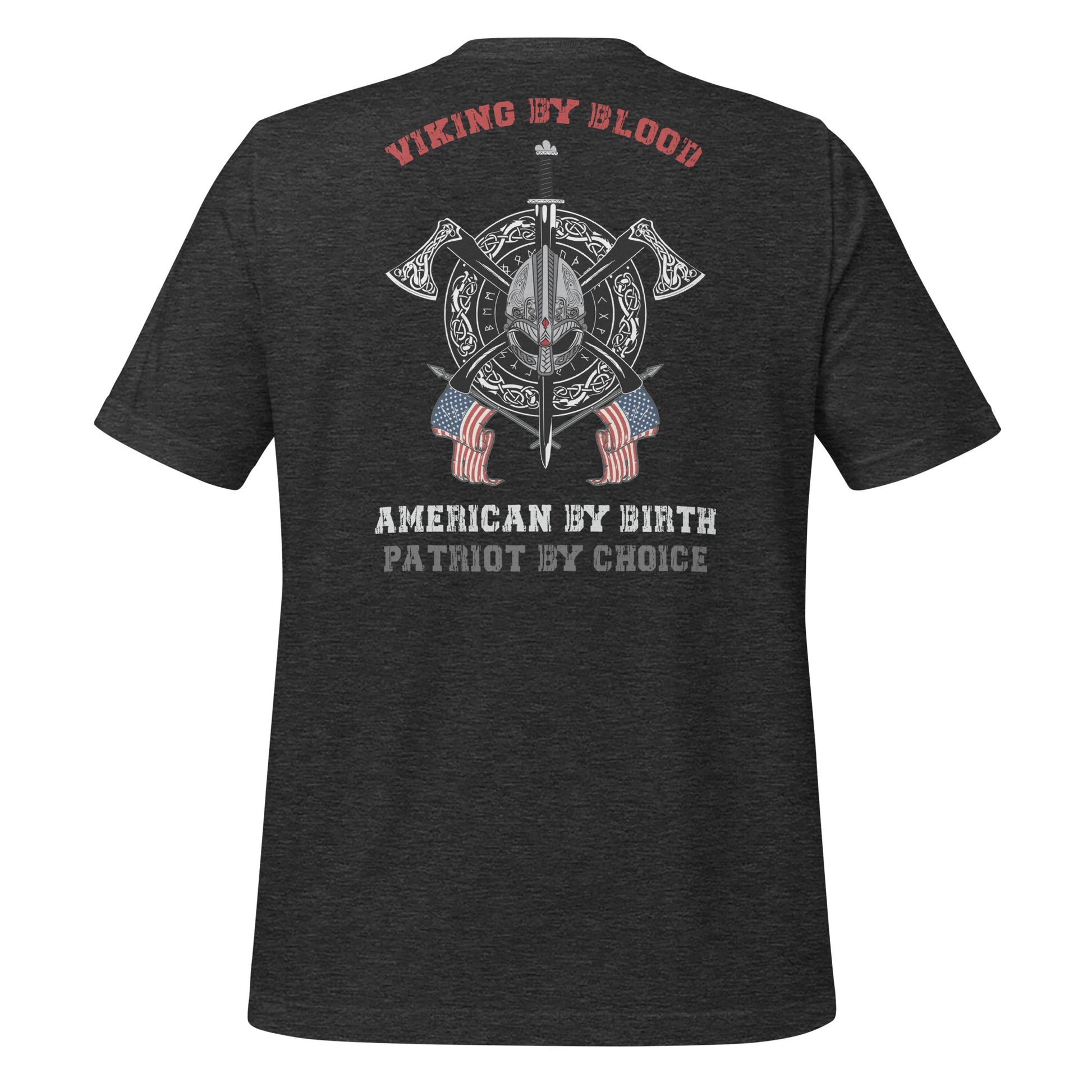 Grey Viking by Blood shirt with American flag and viking shield. Perfect viking warrior shirt, viking Valhalla shirt, USA patriotic shirt, or patriotic warrior shirt to celebrate viking heritage and American patriotism! Created by graphic apparel company Midnight Gypsy Designs!