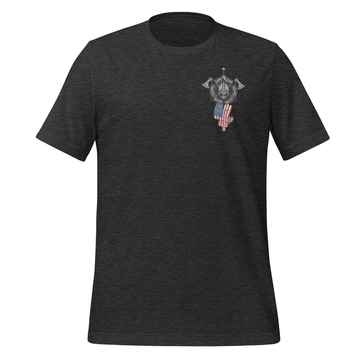 Grey Viking by Blood shirt with American flag and viking shield. Perfect viking warrior shirt, viking Valhalla shirt, USA patriotic shirt, or patriotic warrior shirt to celebrate viking heritage and American patriotism! Created by graphic apparel company Midnight Gypsy Designs!