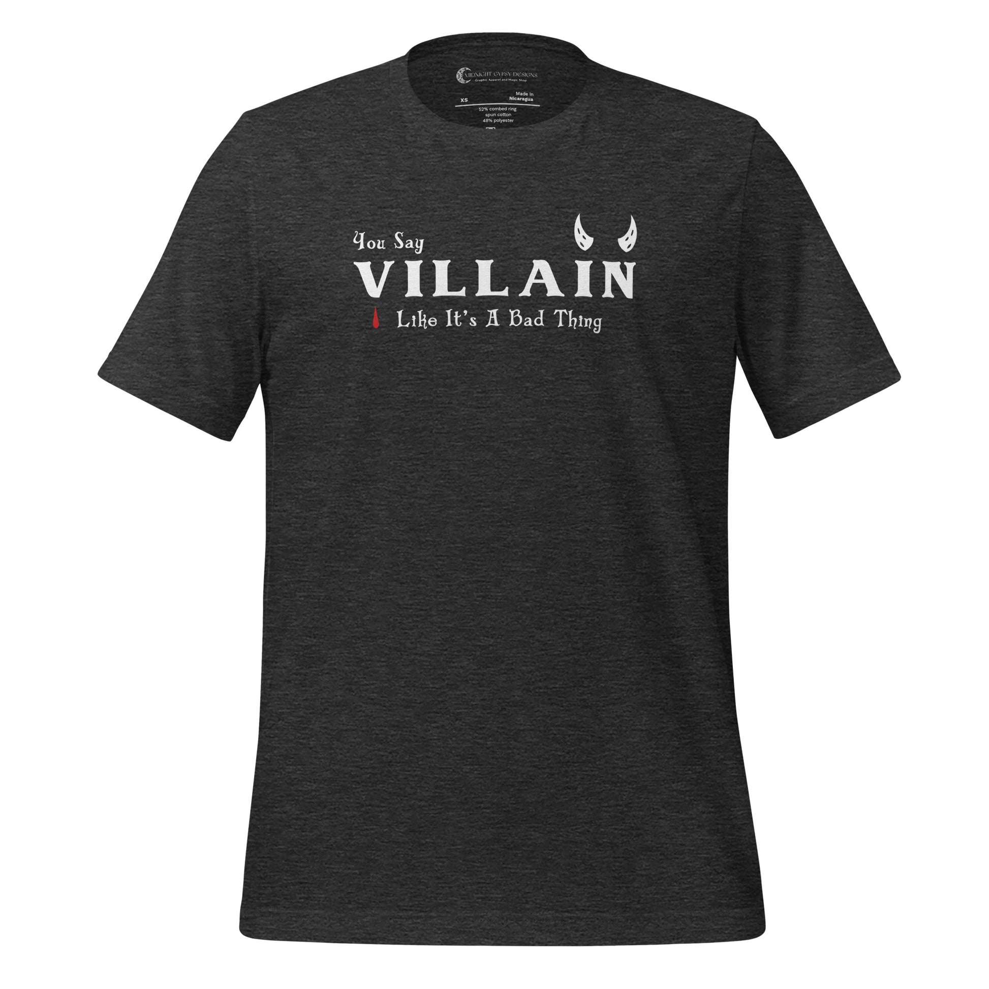 Black Villain shirt that says You Say Villain Like It's A Bad Thing created by graphic apparel company Midnight Gypsy Designs. Cute villain shirt, dark fantasy shirt, villain book shirt, villain bookish shirt, villain lover shirt, villain lover t-shirt, villain bookish t-shirt, cute Halloween shirt, devil villain tee, villain book merch, anti-hero bookish shirt, Disney villain shirt, and dark fantasy book shirt.