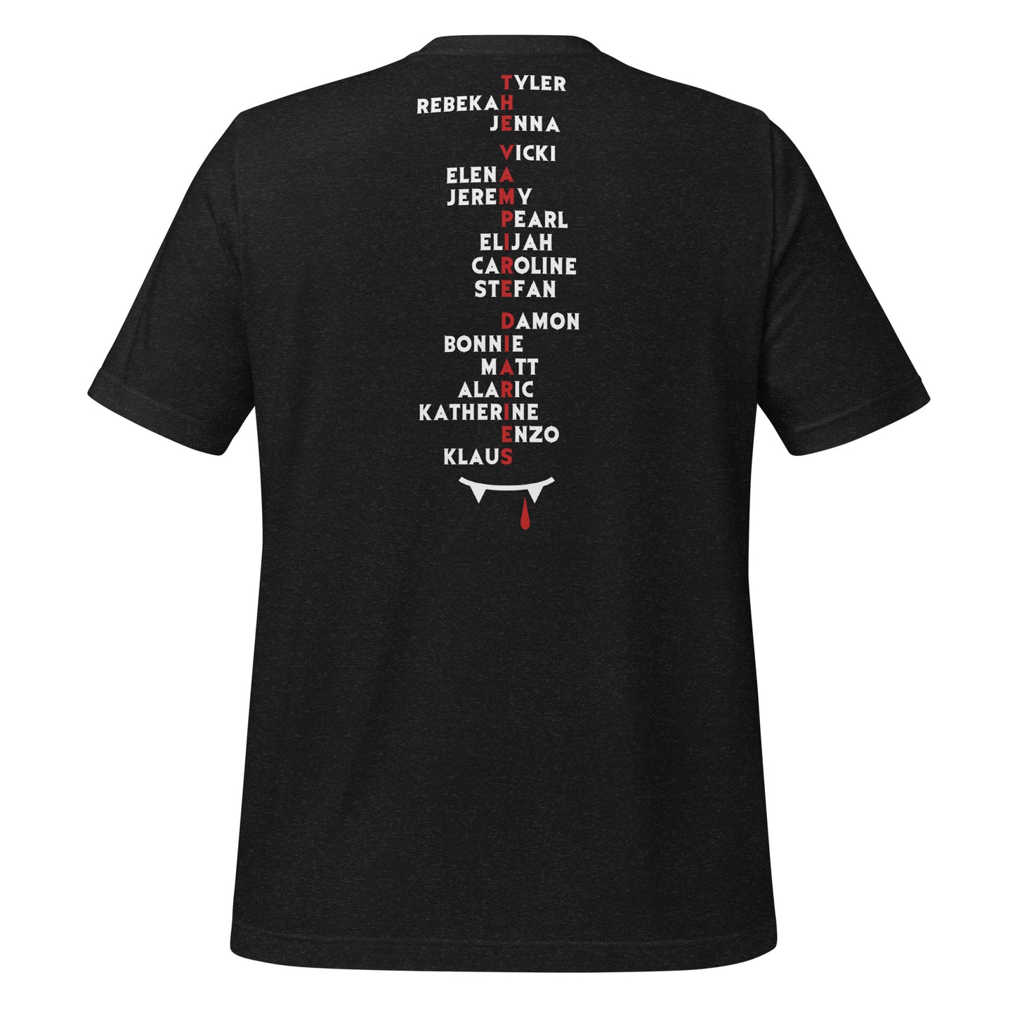 Black Mystic Falls Virginia shirt with character names on the back for the Vampire Diaries apparel line by fandom graphic shirt company Midnight Gypsy Designs.