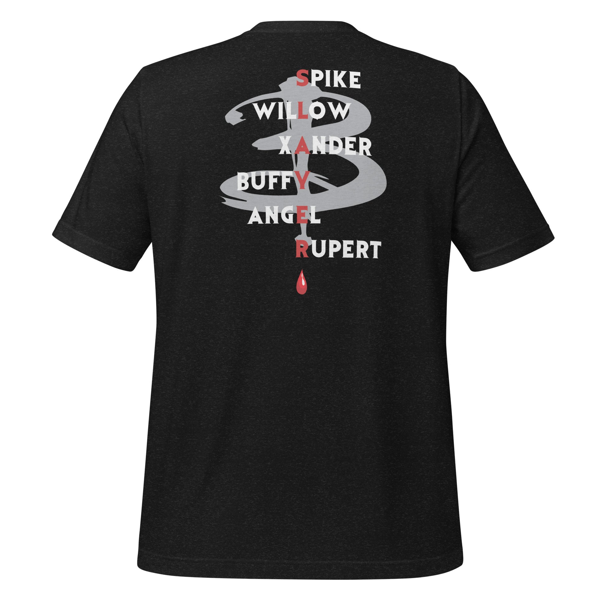 Black Scooby Gang Buffy the Vampire Slayer T-shirt with the character names Spike, Willow, Xander, Buffy, Angel, and Rupert on the back with the word Slayer in red and a red blood drip created by fandom graphic apparel company Midnight Gypsy Designs as part of their Buffy the Vampire Slayer clothing line.