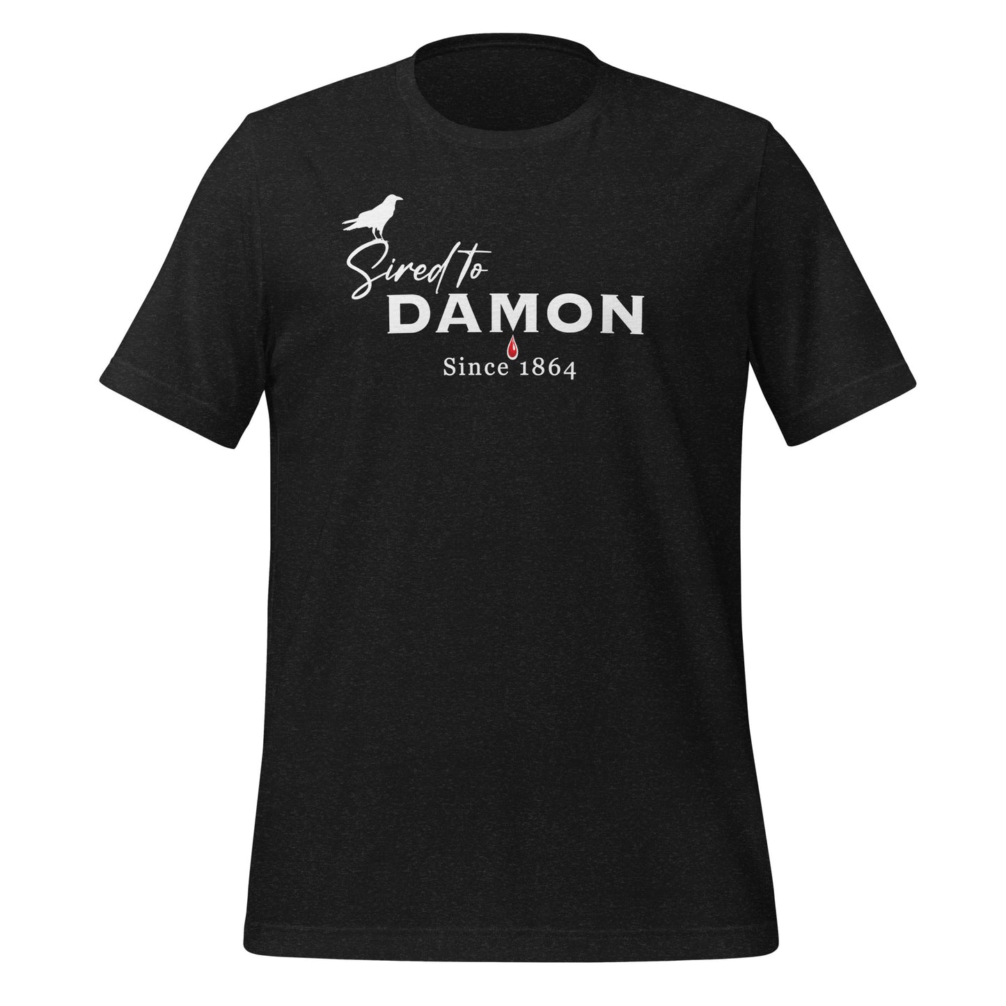 Black The Vampire Diaries Sired to Damon Since 1864 t-shirt with a crow and blood drip created by fandom graphic apparel company Midnight Gypsy Designs as part of their The Vampire Diaries clothing line. Perfect Damon Salvatore shirt and Team Damon shirt.
