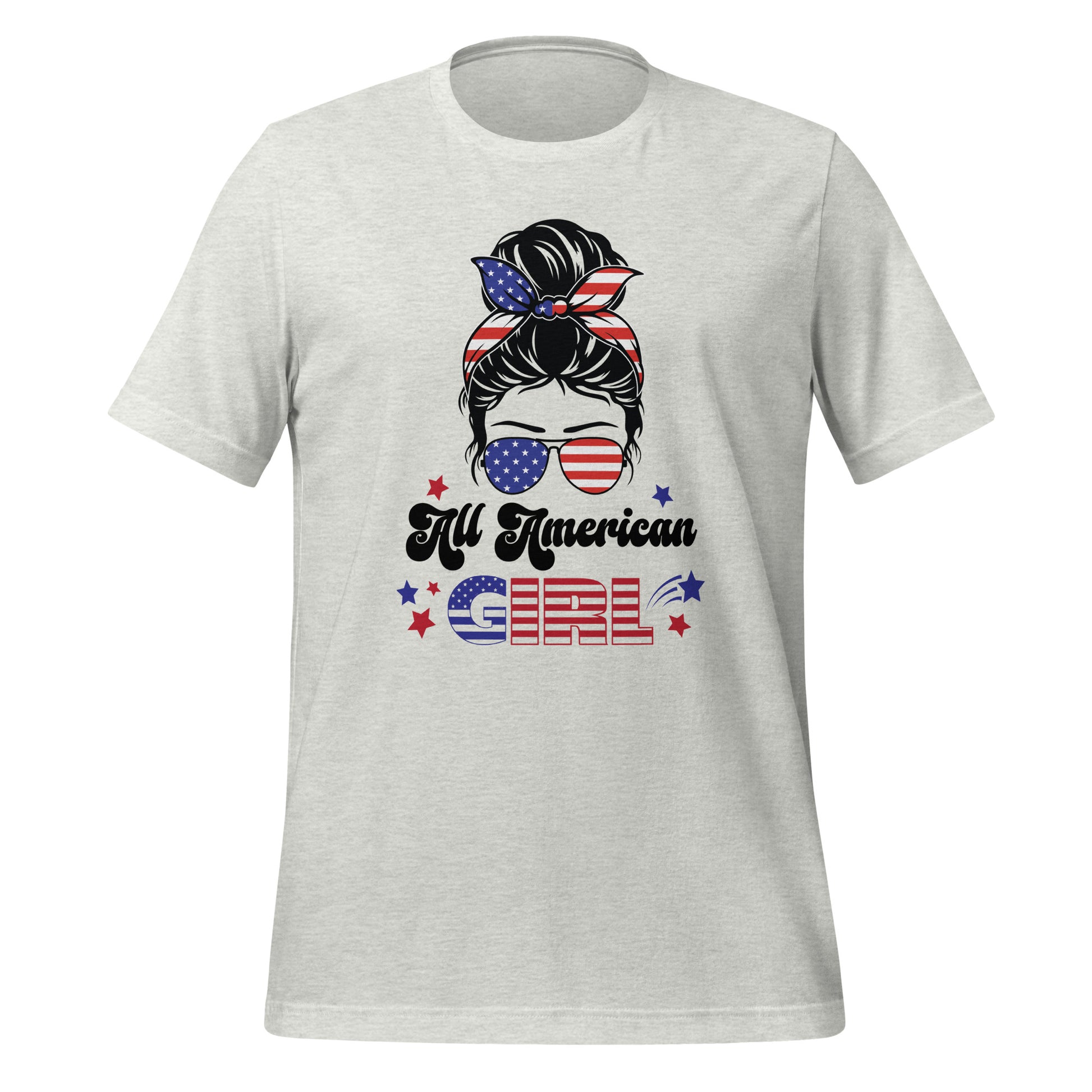 A light gray All American Girl t-shirt of a patriotic woman with a messy bun in her hair and patriotic aviator sunglasses with red and blue stars created by patriotic apparel clothing shop Midnight Gypsy Designs as part of their USA patriotic shirt line.