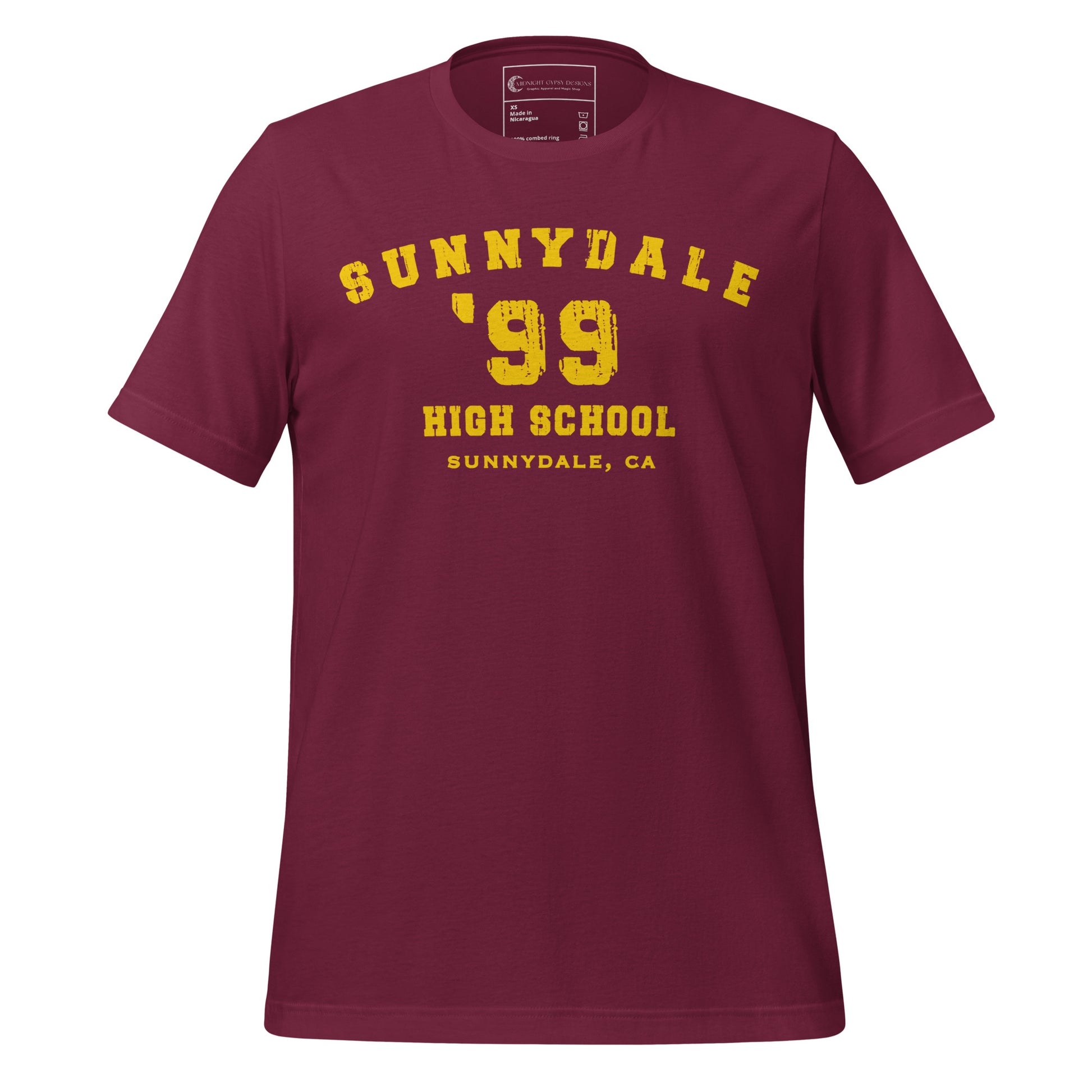 Maroon Buffy the Vampire Slayer Sunnydale High shirt with gold lettering created by graphic apparel company Midnight Gypsy Designs as part of their Buffy the Vampire Slayer shirt line.