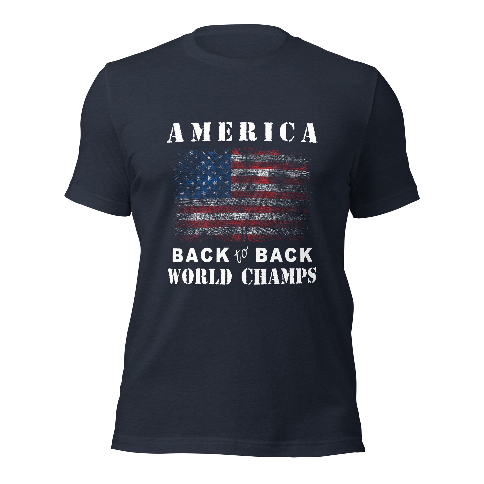 Navy American patriotic pride shirt that says America Back to Back World Champs designed by graphic apparel company Midnight Gypsy Designs as part of their USA Patriotic apparel line. Perfect USA veteran shirt, USA patriotic shirt, Fourth of July Shirt, American pride shirt, USA flag shirt, USA patriot shirt, USA military shirt, and veteran warrior shirt for those who wave the red, white, and blue!