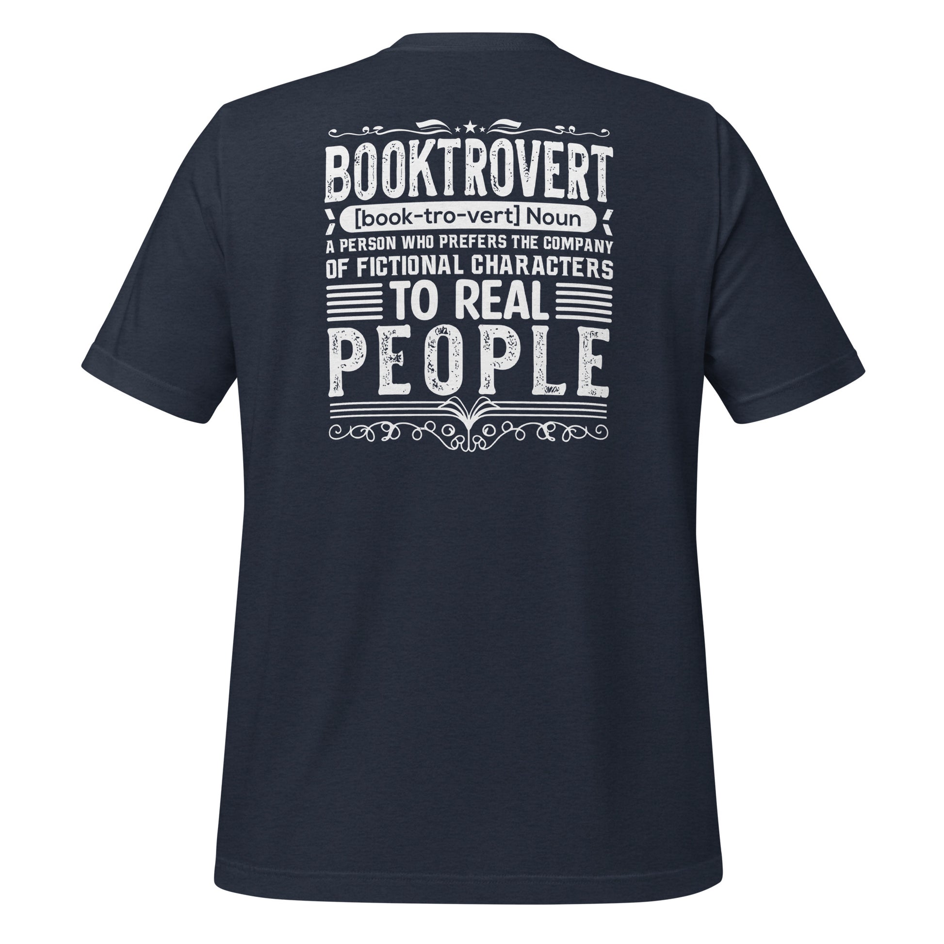 Navy blue booktrovert definition shirt in bold white letters created by graphic apparel company Midnight Gypsy Designs as part of their bookish merch clothing line.