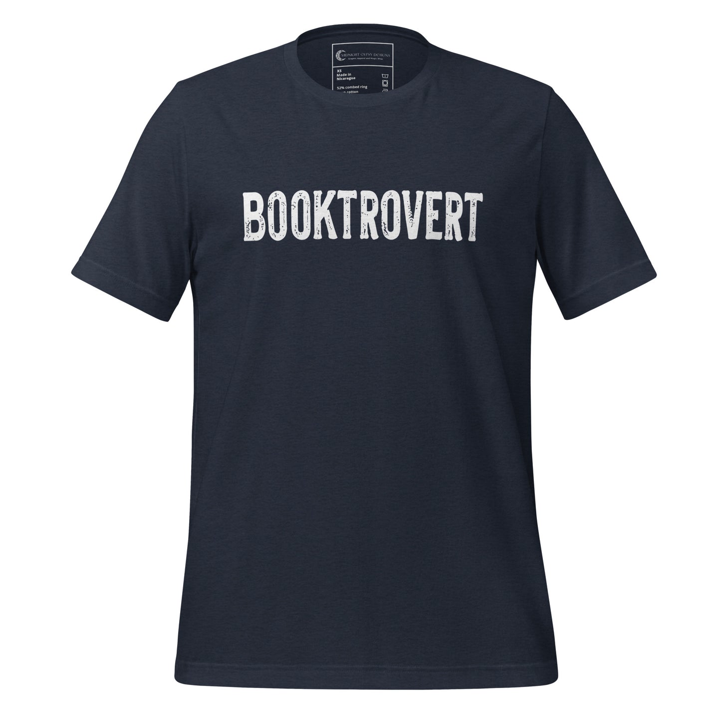 Navy  blue booktrovert definition shirt in bold white letters created by graphic apparel company Midnight Gypsy Designs as part of their bookish merch clothing line.
