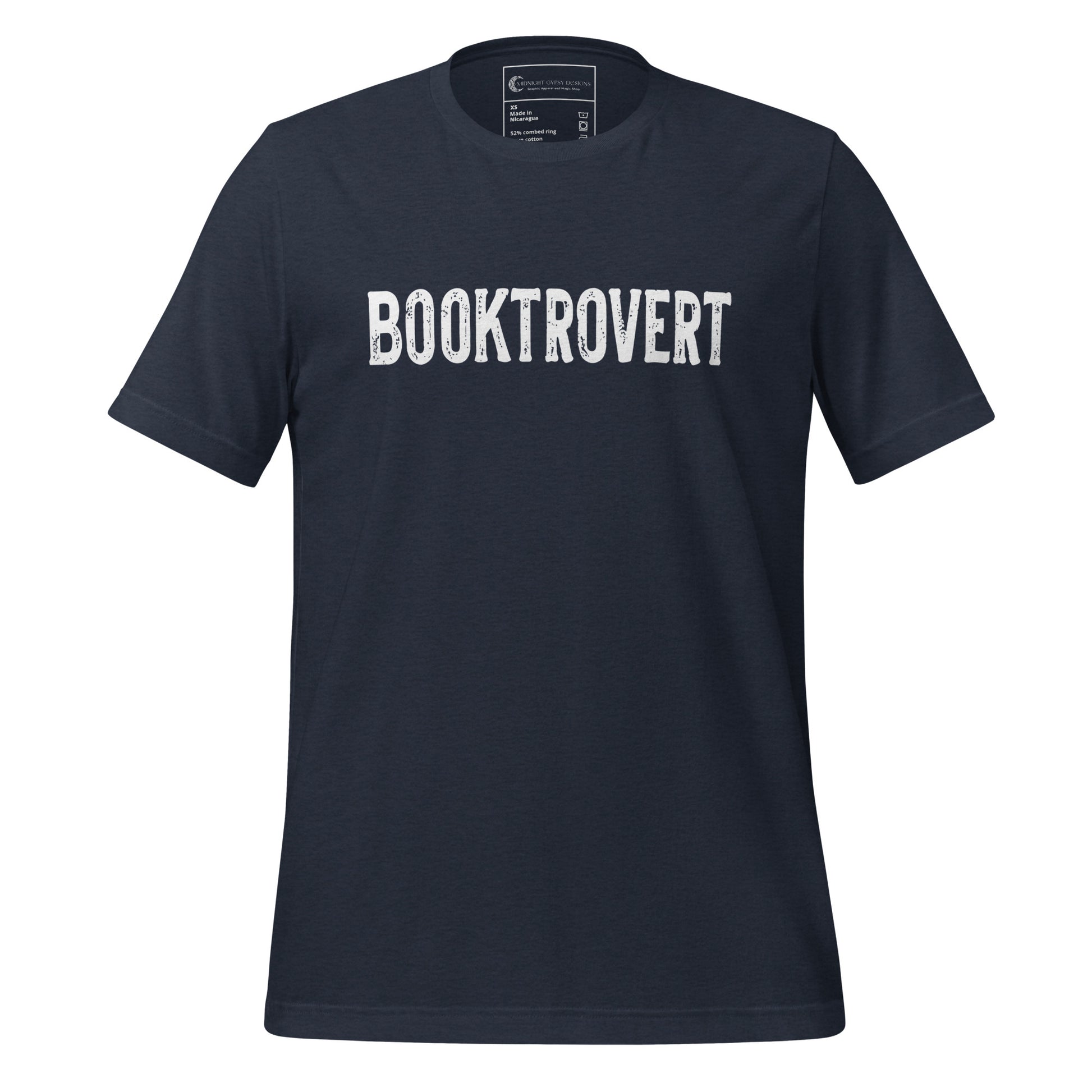 Navy  blue booktrovert definition shirt in bold white letters created by graphic apparel company Midnight Gypsy Designs as part of their bookish merch clothing line.