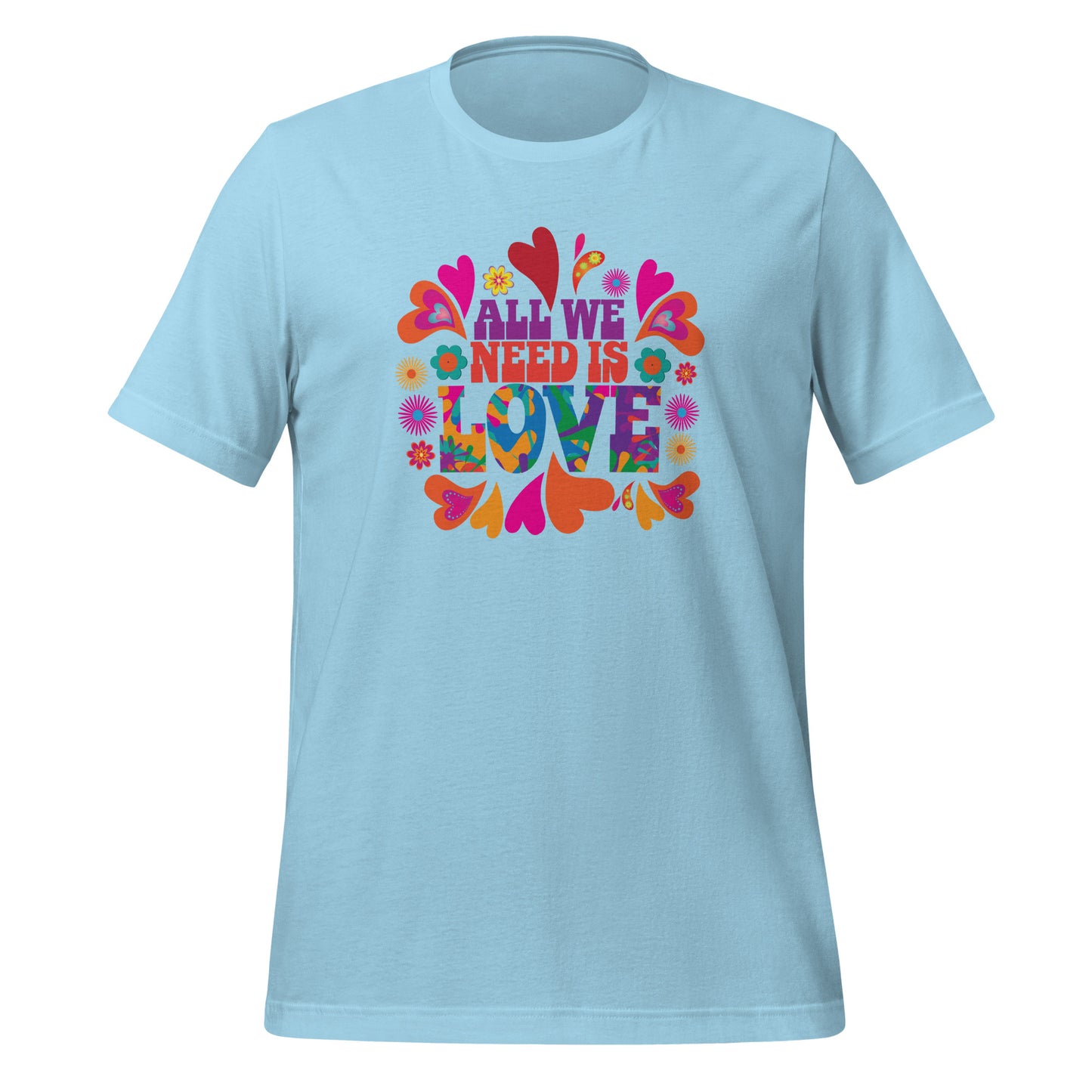 Vintage 1960 hippie t-shirt that reads All We Need Is Love T-shirt by Midnight Gypsy Designs apparel company.