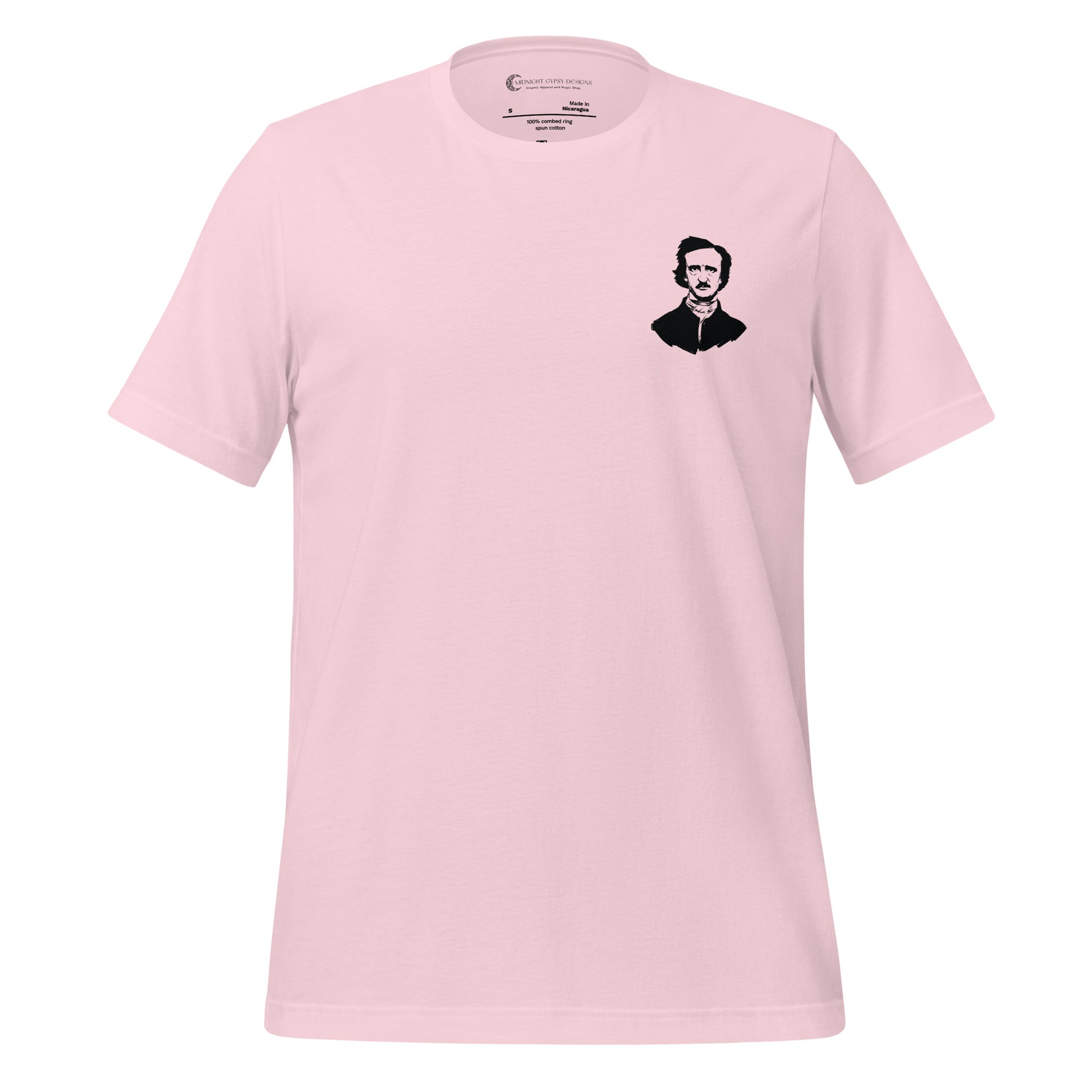 Pink Edgar Allan Poe shirt that says Be Like Poe  created by graphic apparel company Midnight Gypsy Designs as part of their Dark Academia t-shirt collection. Perfect Edgar Allan Poe merch, Edgar Allan Poe fans shirt, Edgar Allan Poe literary shirt, Edgar Allan Poe Poet shirt, Edgar Allan Poe librarian shirt, and Edgar Allan Poe fan shirt for readers.