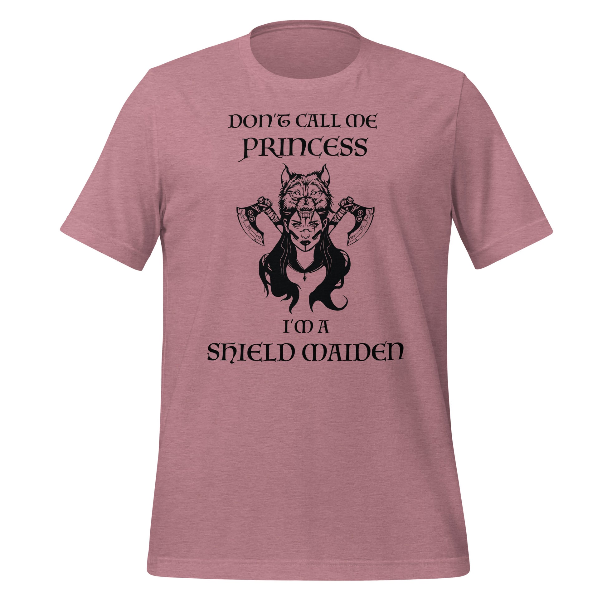 Pink Viking Warrior t-shirt for women with lettering that says Don't Call Me Princess I'm a Shield Maiden with a female Viking Warrior with Norse Viking axes and a Fenrir wolf created by graphic apparel shop Midnight Gypsy Designs as part of their Viking clothing line. Perfect Norse Viking shirt for women, Don't Call Me Princess shirt, Viking Shield Maiden warrior shirt, girl power shirt, girl power tee, Norse Mythology t-shirt, and Viking Fenrir wolf shirt.
