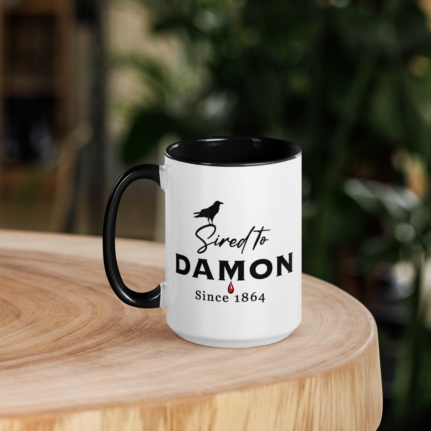 Black and white The Vampire Diaries Mug that reads Sired to Damon Since 1864 mug with a black crow created by bookish shop Midnight Gypsy Designs.