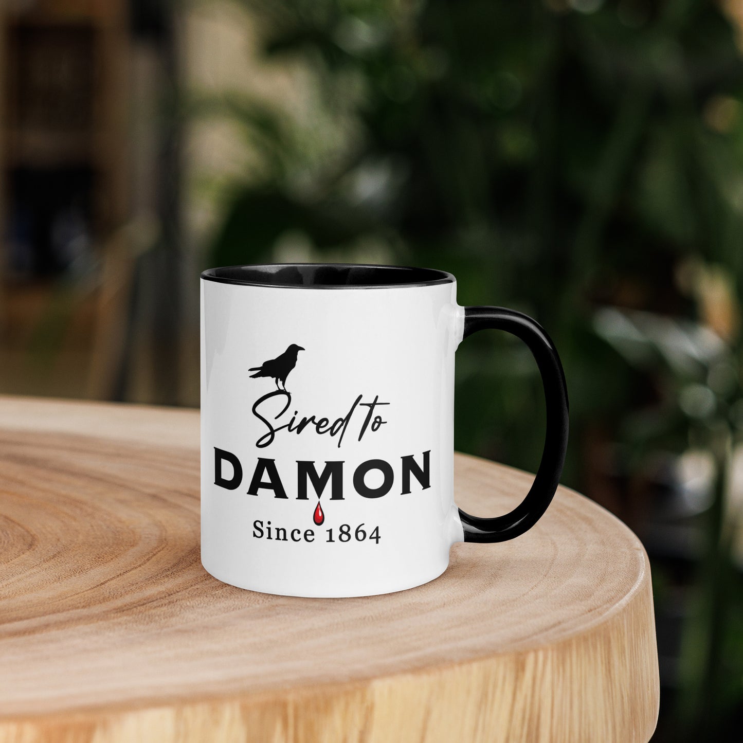 Black and white The Vampire Diaries Mug that reads Sired to Damon Since 1864 mug with a black crow created by bookish shop Midnight Gypsy Designs.