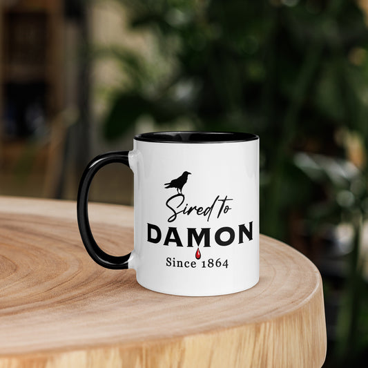 Black and white The Vampire Diaries Mug that reads Sired to Damon Since 1864 mug with a black crow created by bookish shop Midnight Gypsy Designs.