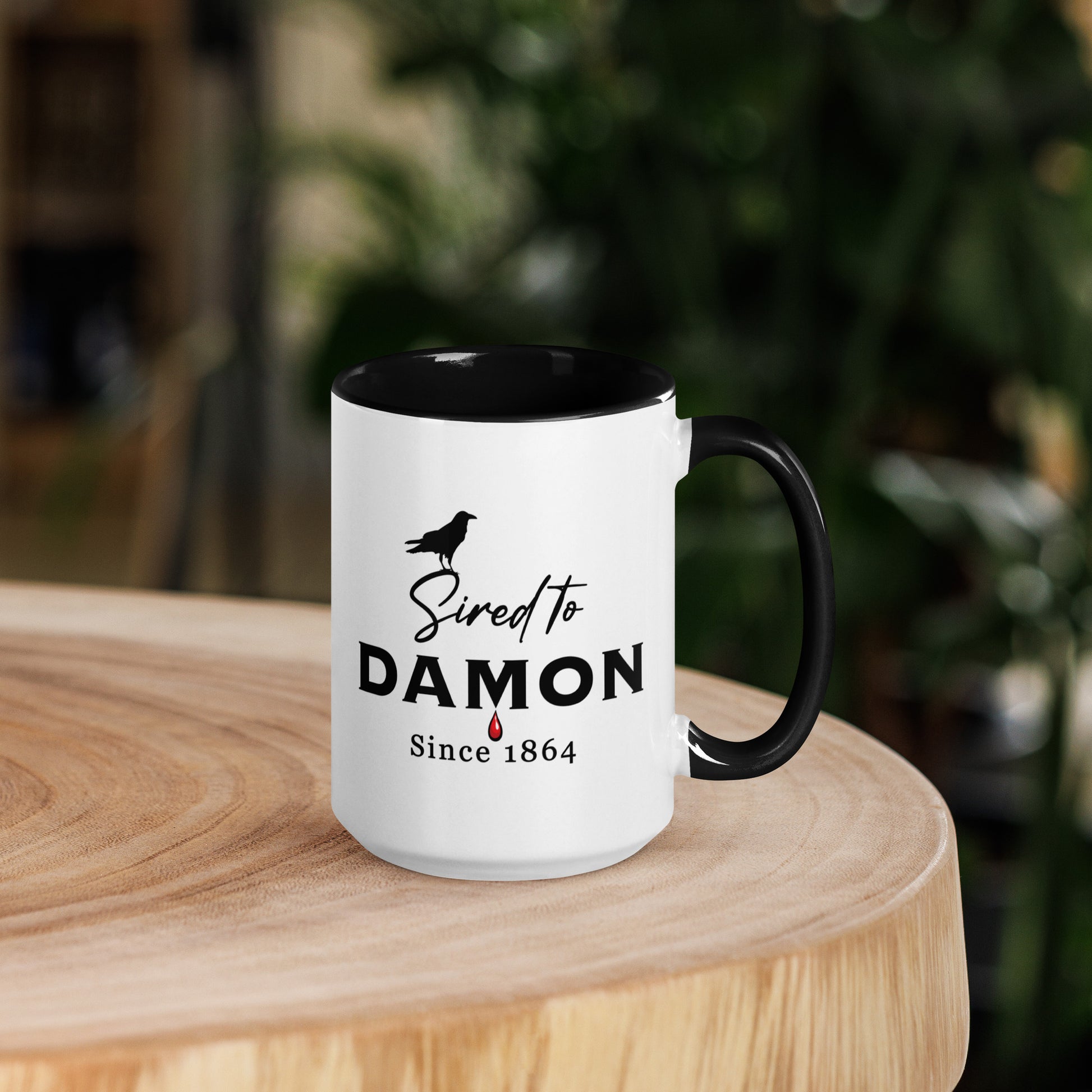 Black and white The Vampire Diaries Mug that reads Sired to Damon Since 1864 mug with a black crow created by bookish shop Midnight Gypsy Designs.