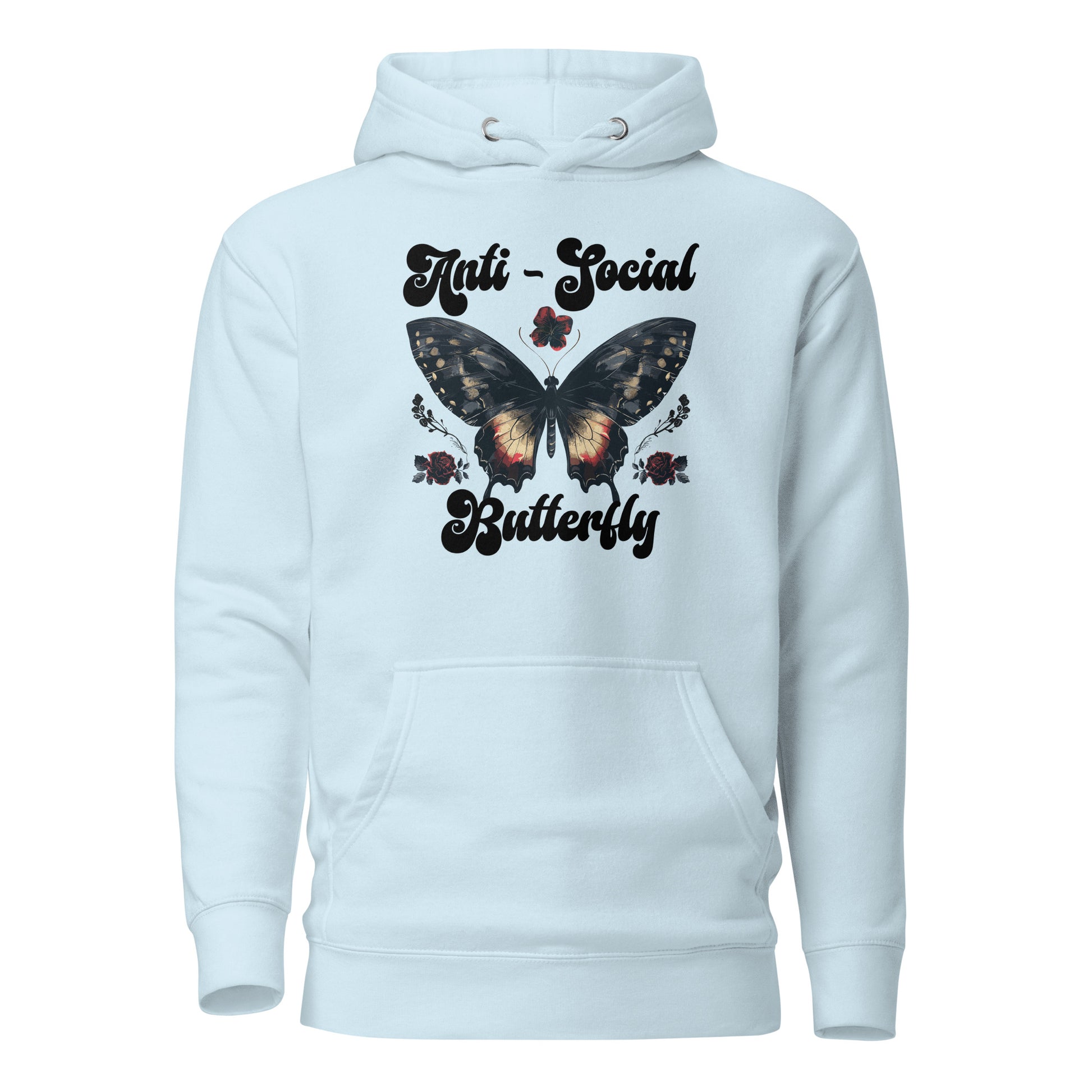 Sky blue anti-social butterfly hoodie created by apparel shop Midnight Gypsy Designs featuring a cute boho butterfly with flowers.