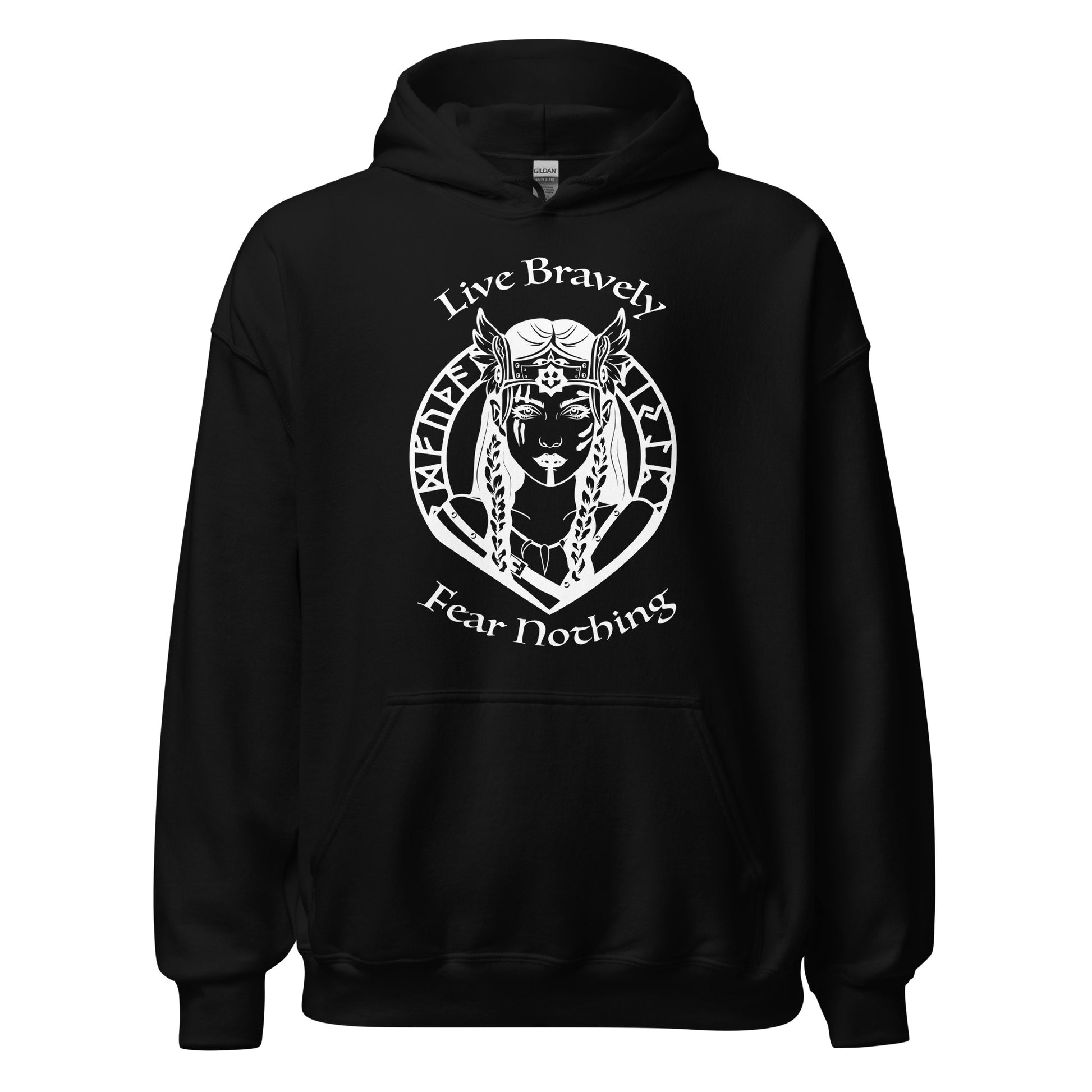 Gildan black hoodie that reads Live Bravely Fear Nothing with a Viking Warrior woman with Futhark runes created by apparel shop Midnight Gypsy Designs.