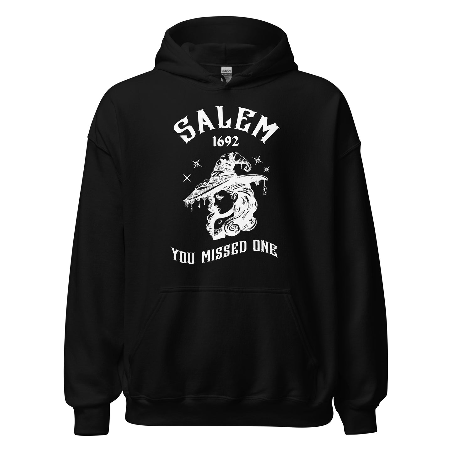 Black hoodie with 1692 Salem Witch Trials You Missed One written in white letters from apparel shop Midnight Gypsy Designs.