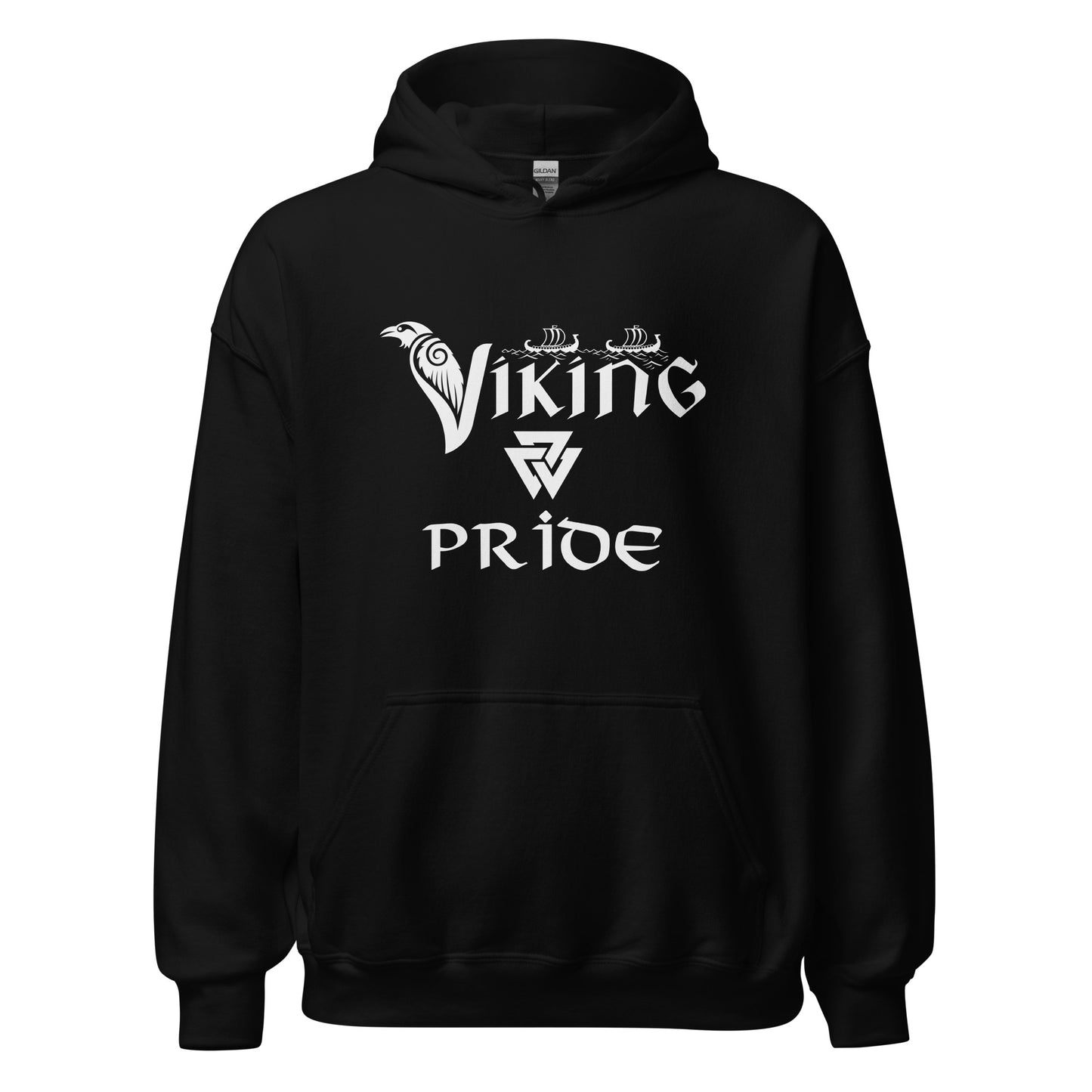 Gildan black hoodie that reads Viking Pride with crow and valknut symbol created by Norse Viking apparel shop Midnight Gypsy Designs. 