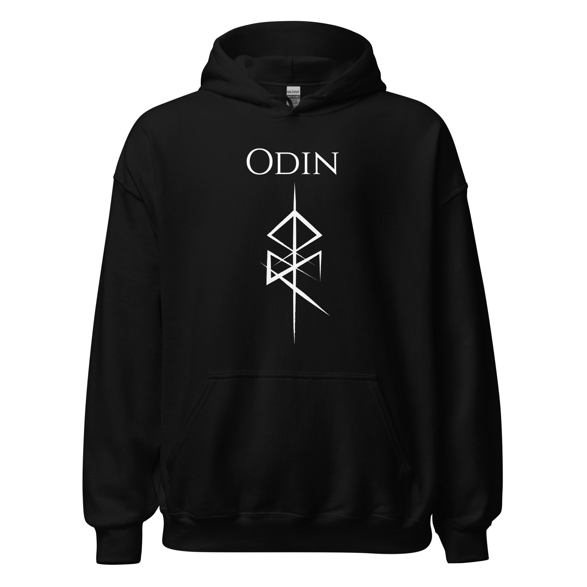 Gildan black hoodie that reads Odin with the Odin God of War Futhark rune symbol created by Norse Viking apparel shop Midnight Gypsy Designs. 