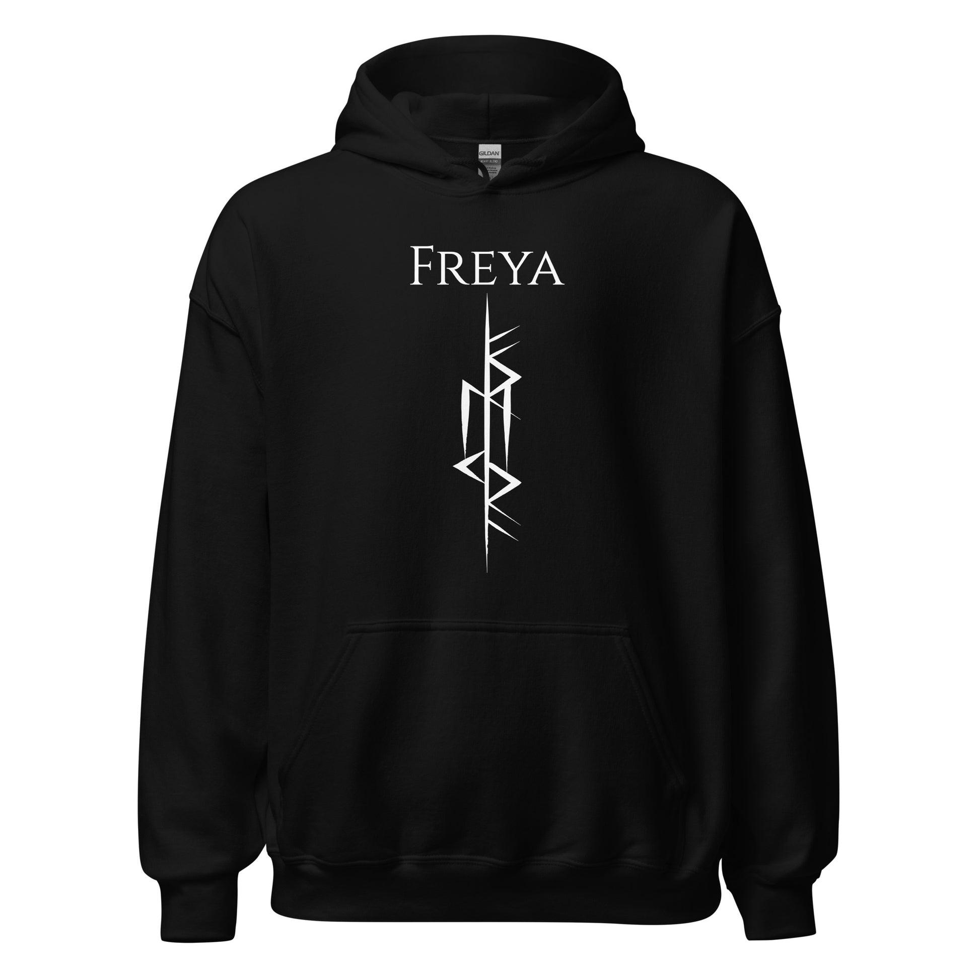 Black Viking warrior hoodie that says Freya with the Freya Goddess of Love Norse rune symbol created by Viking apparel shop Midnight Gypsy Designs.