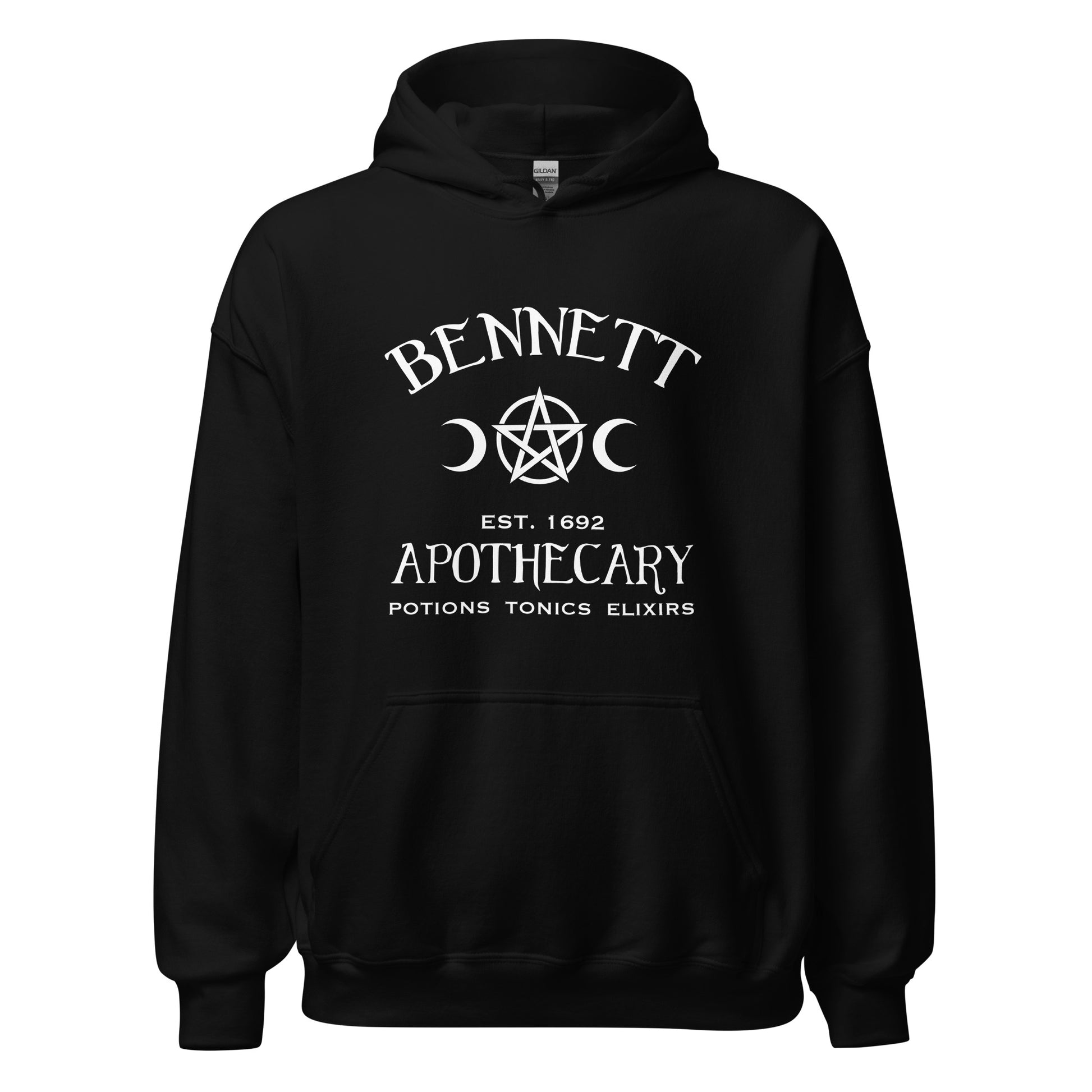 Gildan black hoodie with white lettering that reads Bennett Apothecary Established 1692 Potions Tonics Elixirs inspired by Bonnie Bennett from The Vampire Diaries created by apparel shop Midnight Gypsy Designs.