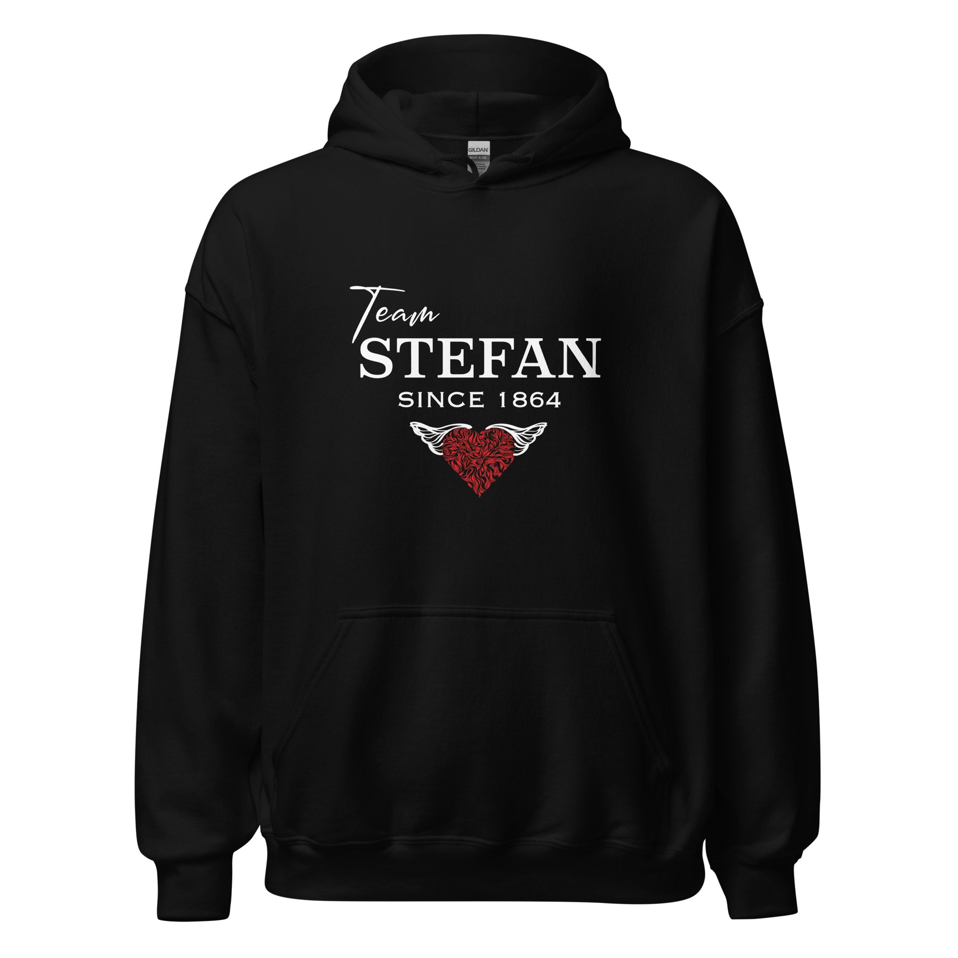 Gildan black hoodie from The Vampire Diaries that reads team Stefan since 1864 with a read heart created by clothing apparel shop Midnight Gypsy Designs.