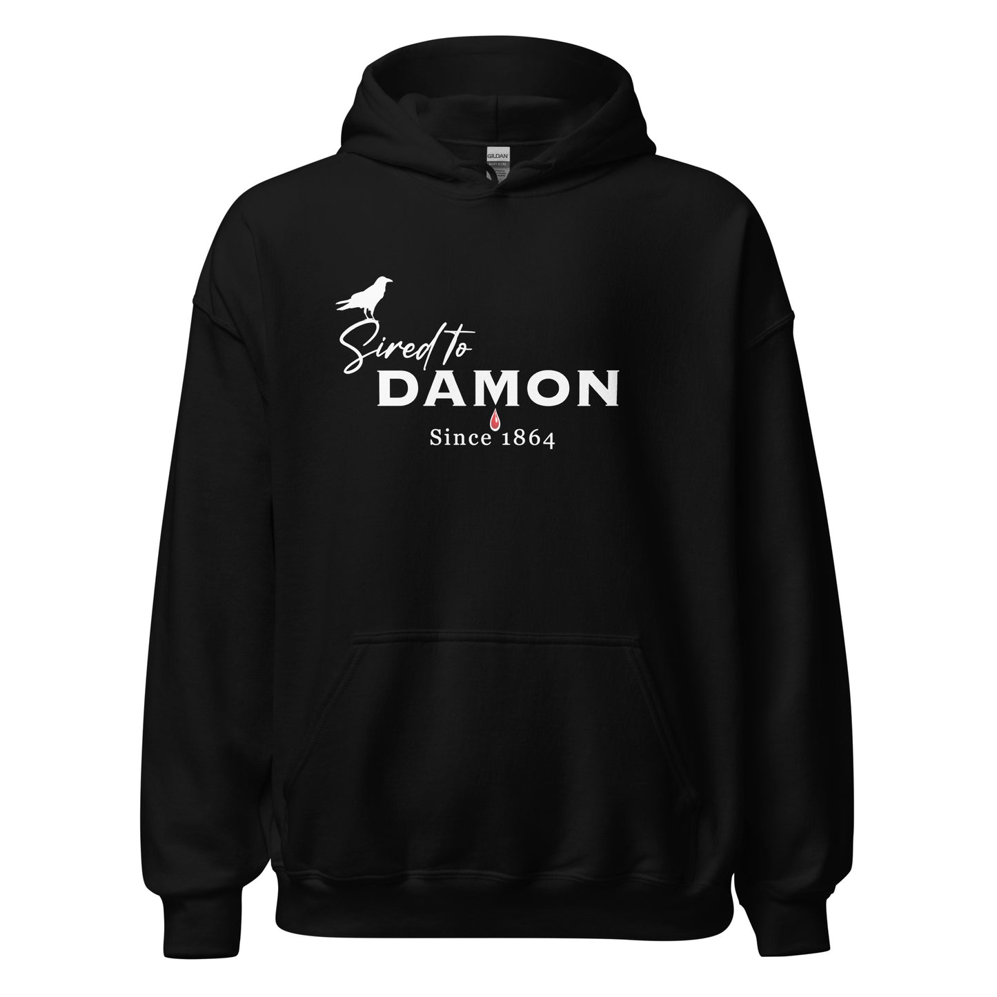 Gildan black The Vampire Diaries Sired to Damon Since 1864 hoodie with a crow and blood drip created by bookish shop Midnight Gypsy Designs.