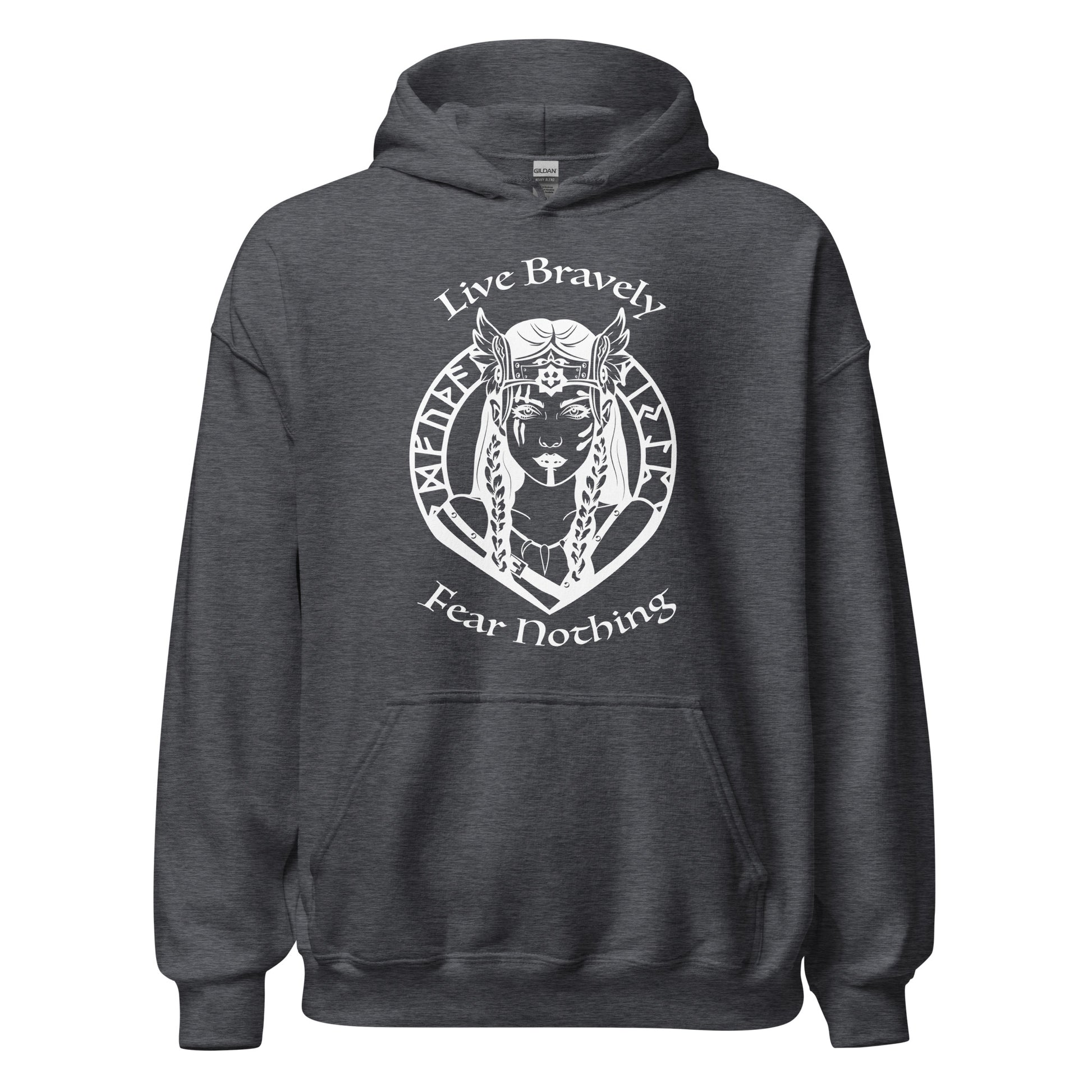 Gildan dark heather hoodie that reads Live Bravely Fear Nothing with a Viking Warrior woman with Futhark runes created by apparel shop Midnight Gypsy Designs.