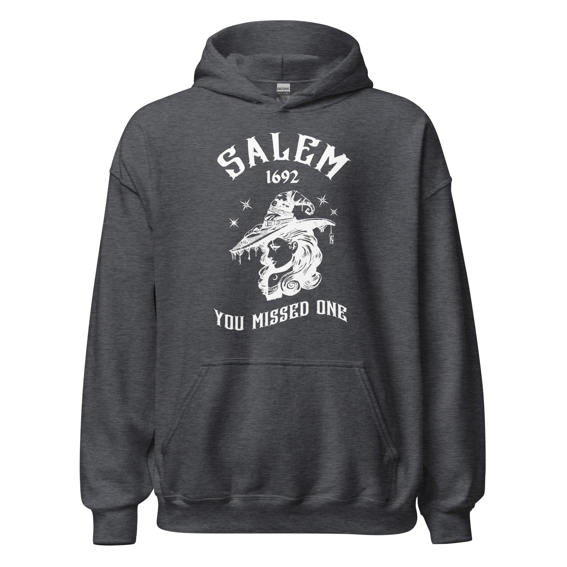 Dark grey hoodie with 1692 Salem Witch Trials You Missed One written in white letters from apparel shop Midnight Gypsy Designs.