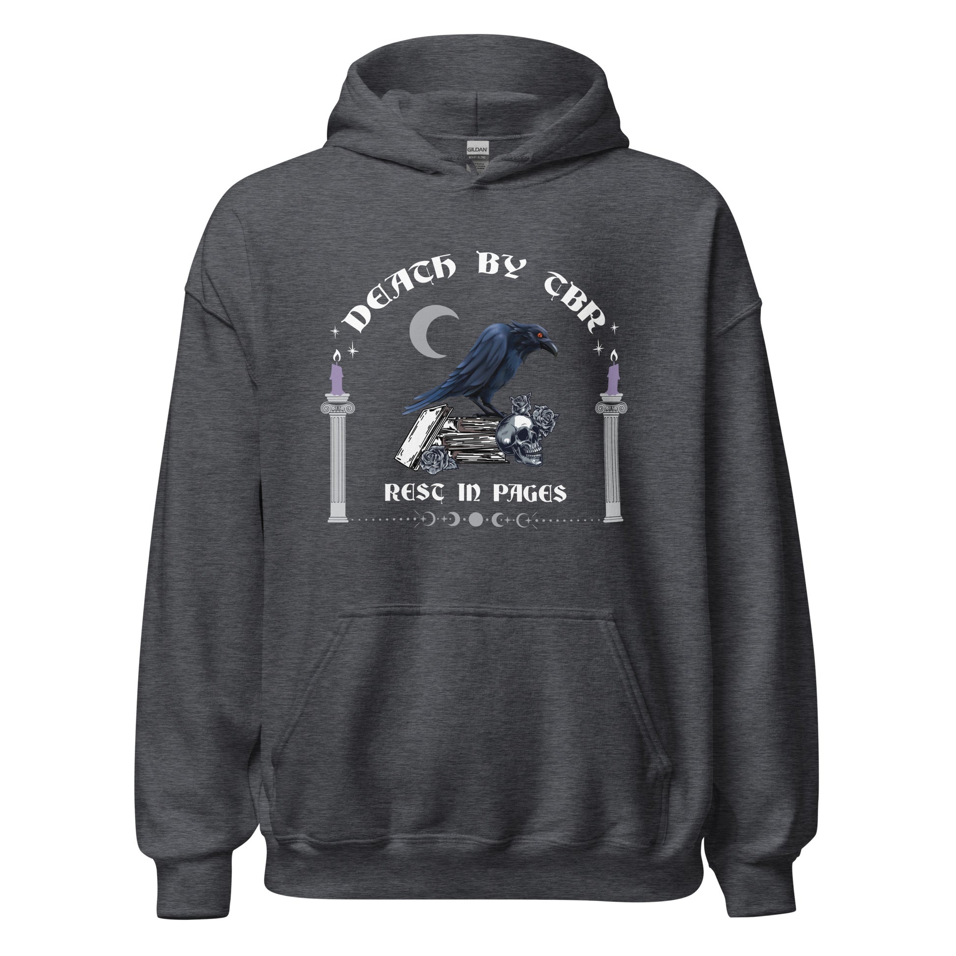 Dark heather grey Gildan hoodie that reads Death By TBR Rest In Pages with moon, raven standing on a book stack, a skull, and two burning candles from bookish shop Midnight Gypsy Designs.