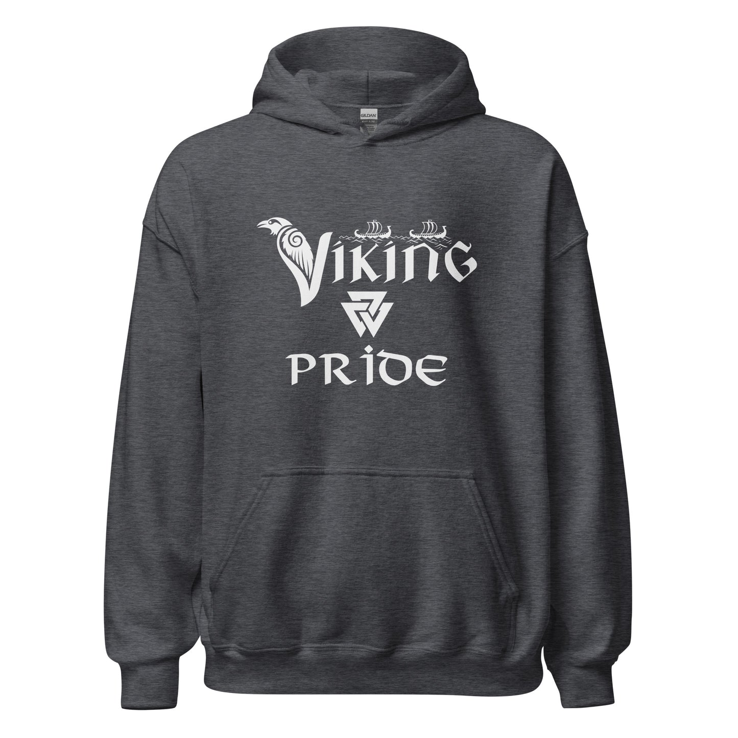 Gildan dark heather grey hoodie that reads Viking Pride with crow and valknut symbol created by Norse Viking apparel shop Midnight Gypsy Designs. 