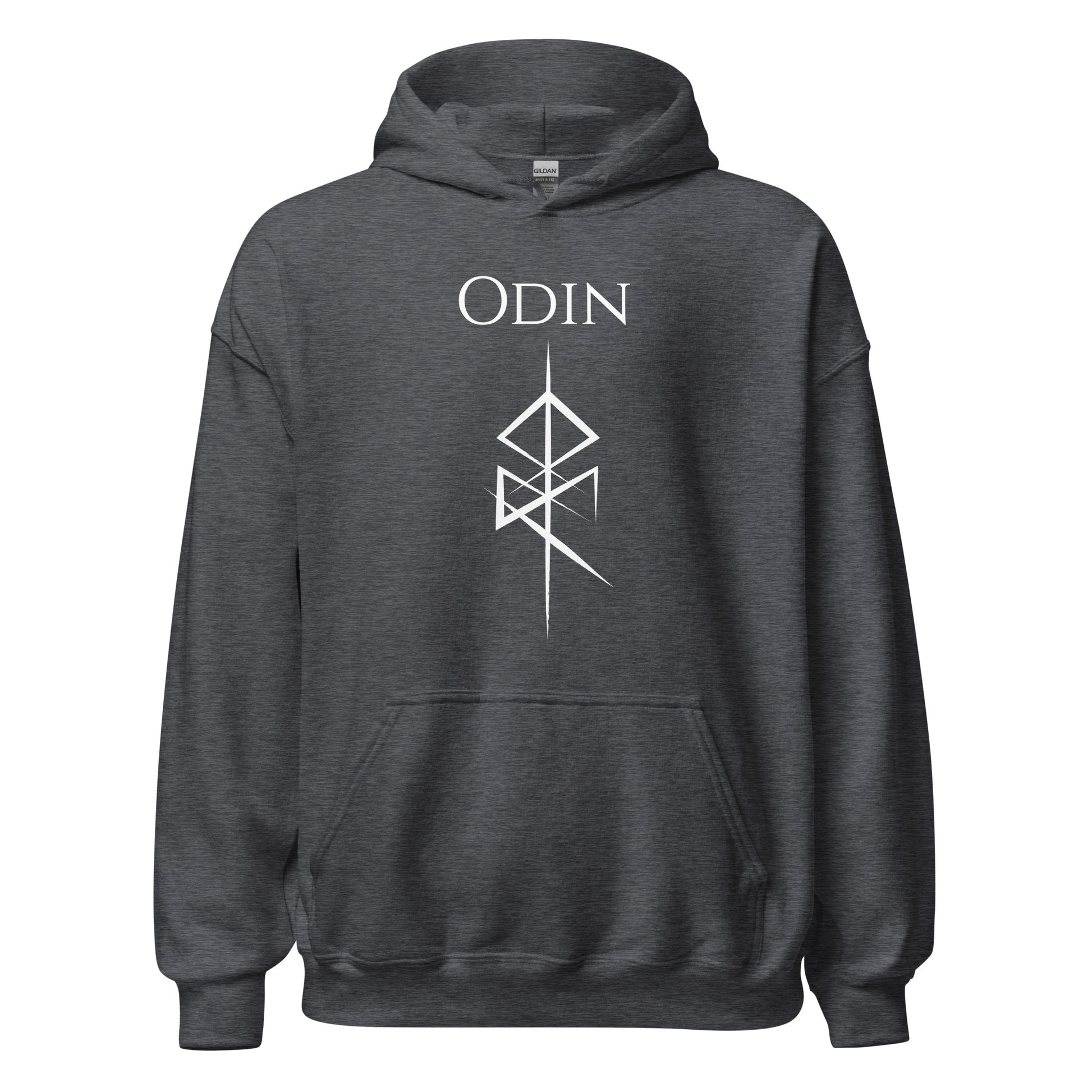 Gildan dark heather grey hoodie that reads Odin with the Odin God of War Futhark rune symbol created by Norse Viking apparel shop Midnight Gypsy Designs. 