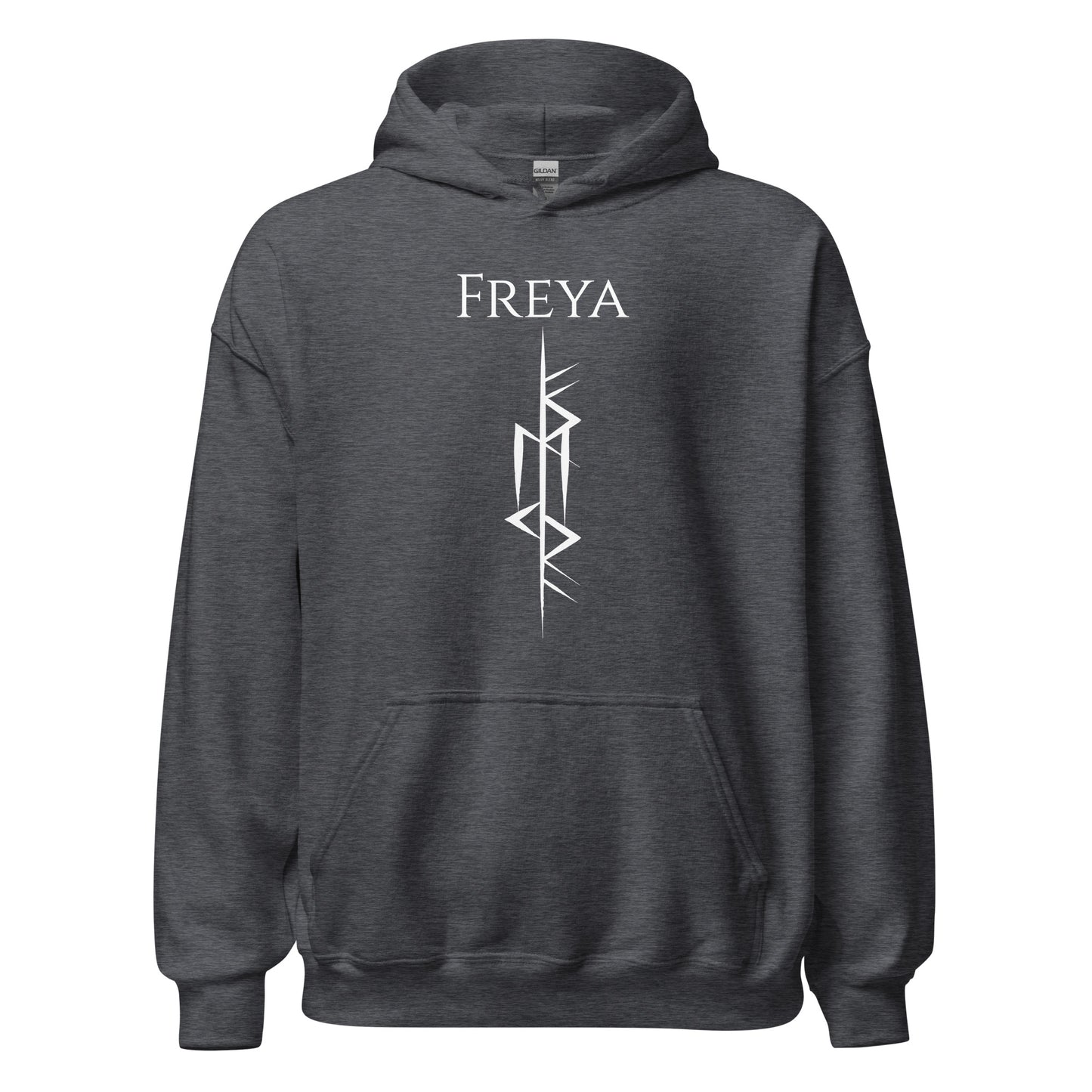 Dark heather grey Viking warrior hoodie that says Freya with the Freya Goddess of Love Norse rune symbol created by Viking apparel shop Midnight Gypsy Designs.