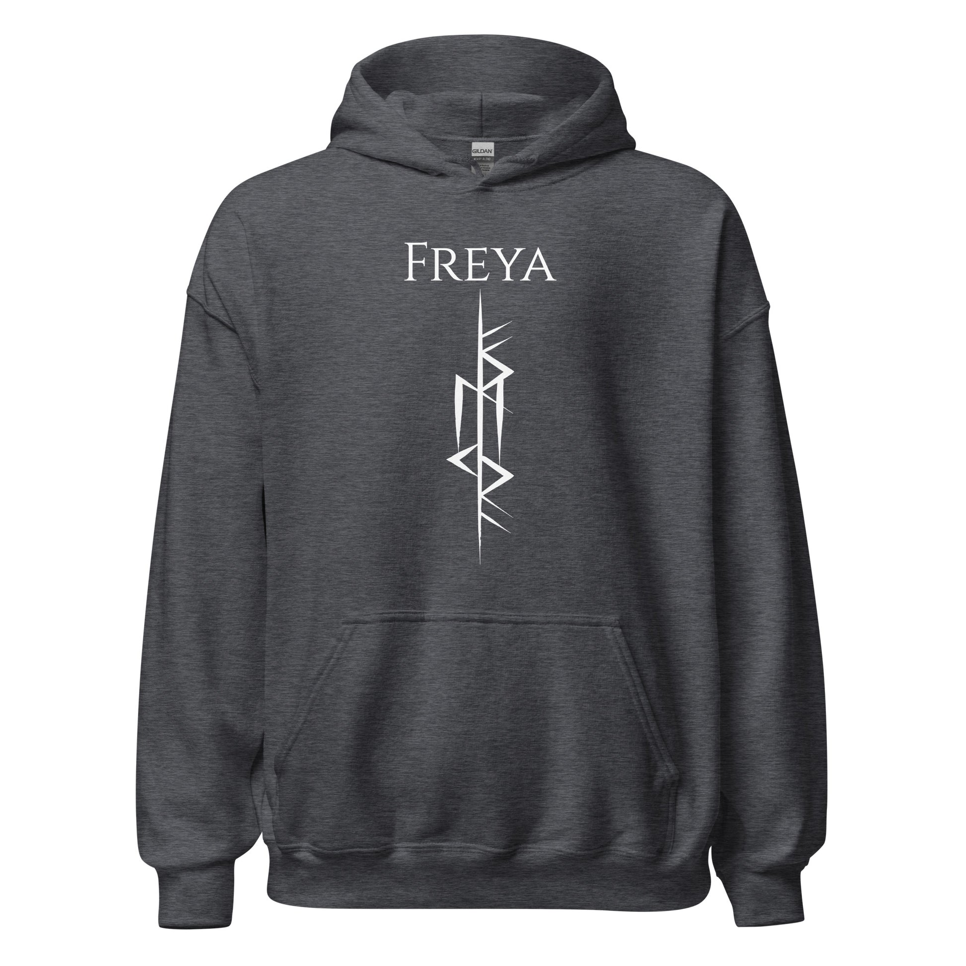 Dark heather grey Viking warrior hoodie that says Freya with the Freya Goddess of Love Norse rune symbol created by Viking apparel shop Midnight Gypsy Designs.