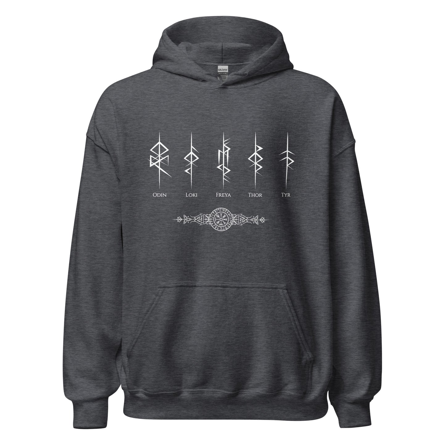 Gildan dark heather grey hoodie that reads Odin, Loki, Freya, Thor, and Tyr with Futhark rune symbols and vegvisir viking compass created by Norse Viking apparel shop Midnight Gypsy Designs. 