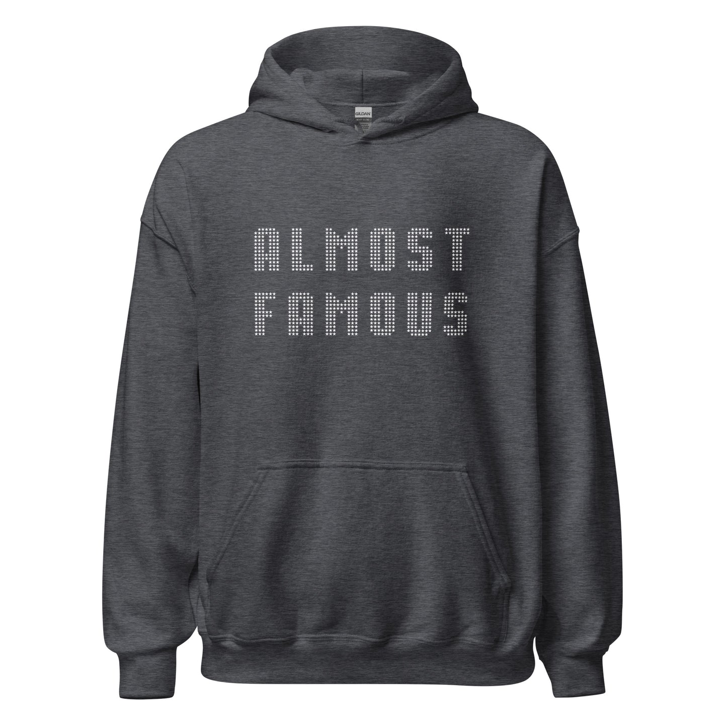 Unisex Gildan dark grey heather hoodie that says Almost Famous with stars created by apparel shop Midnight Gypsy Designs.