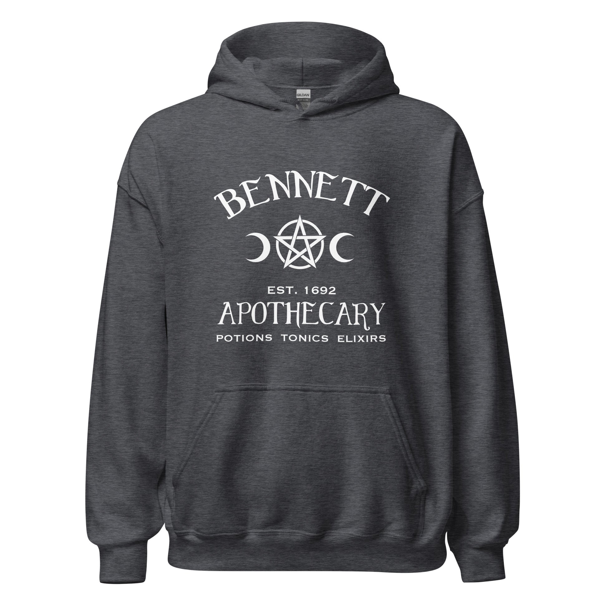 Gildan dark heather hoodie with white lettering that reads Bennett Apothecary Established 1692 Potions Tonics Elixirs inspired by Bonnie Bennett from The Vampire Diaries created by apparel shop Midnight Gypsy Designs.