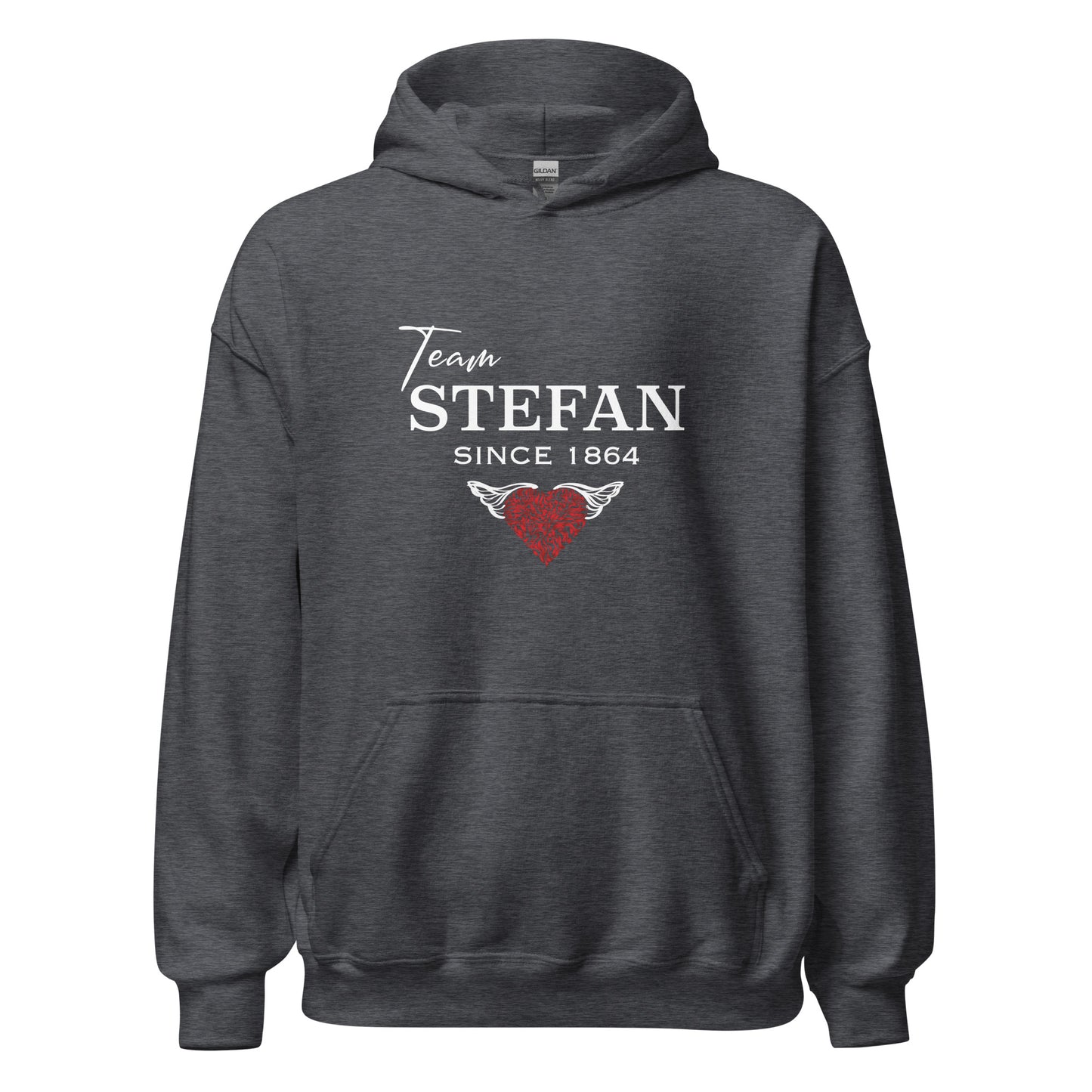 Gildan dark heather grey hoodie from The Vampire Diaries that reads team Stefan since 1864 with a read heart created by clothing apparel shop Midnight Gypsy Designs.