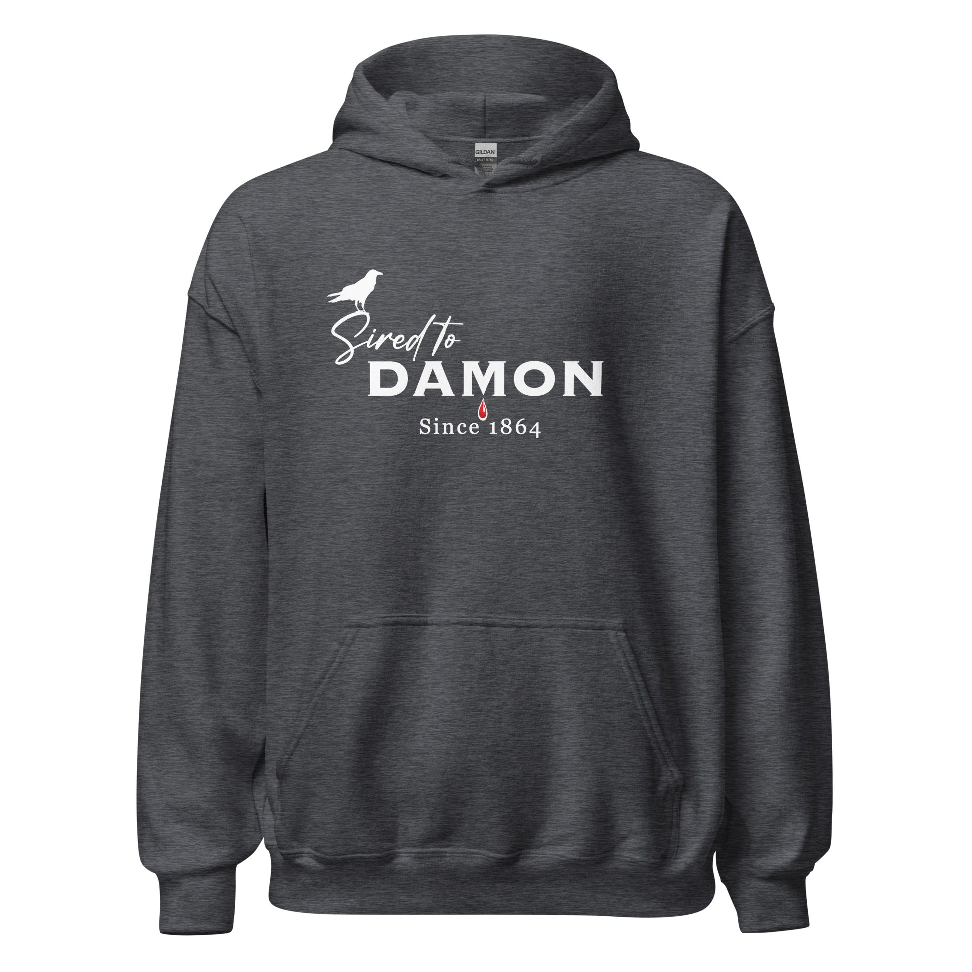 Gildan dark heather grey The Vampire Diaries Sired to Damon Since 1864 hoodie with a crow and blood drip created by bookish shop Midnight Gypsy Designs.