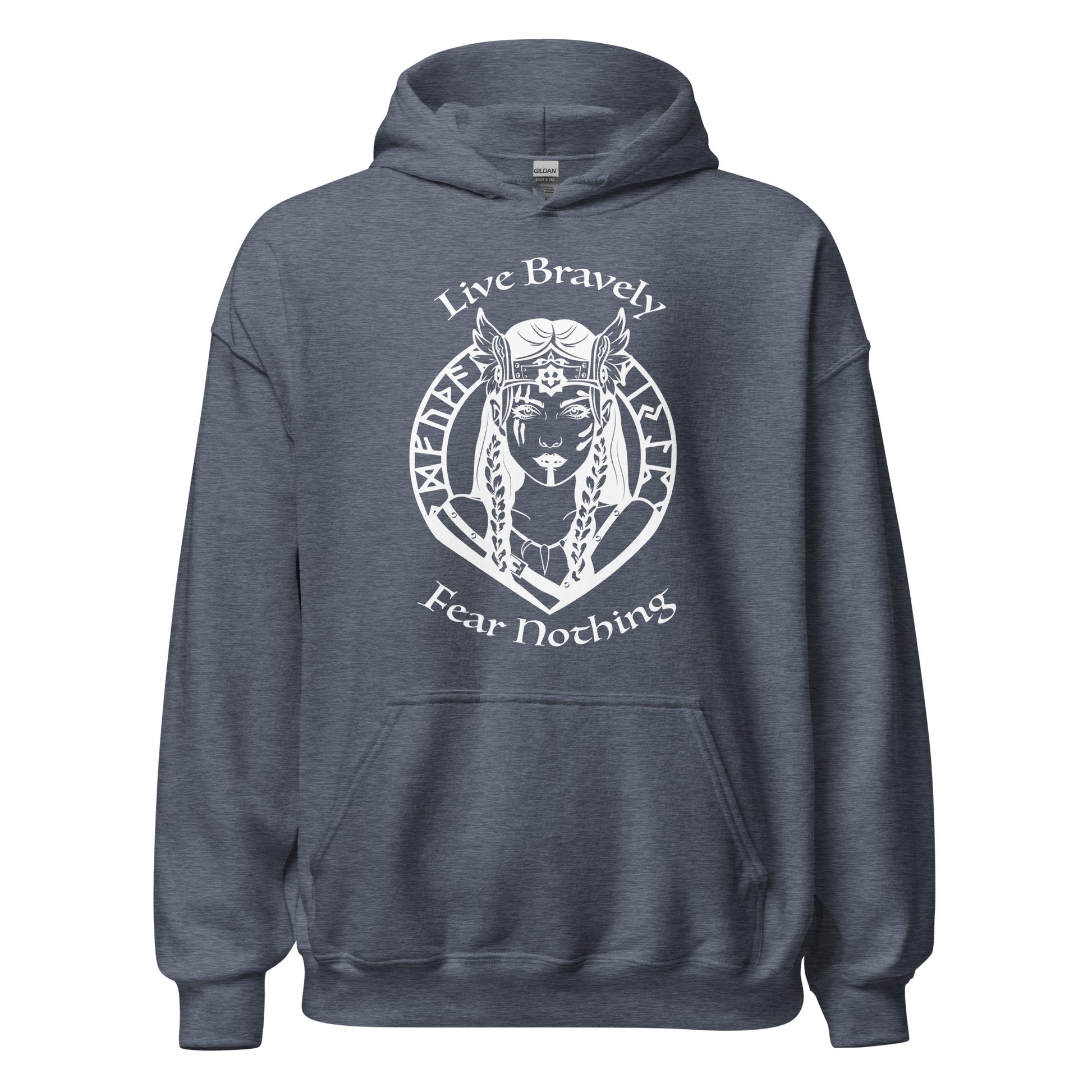 Gildan heather dark navy hoodie that reads Live Bravely Fear Nothing with a Viking Warrior woman with Futhark runes created by apparel shop Midnight Gypsy Designs.