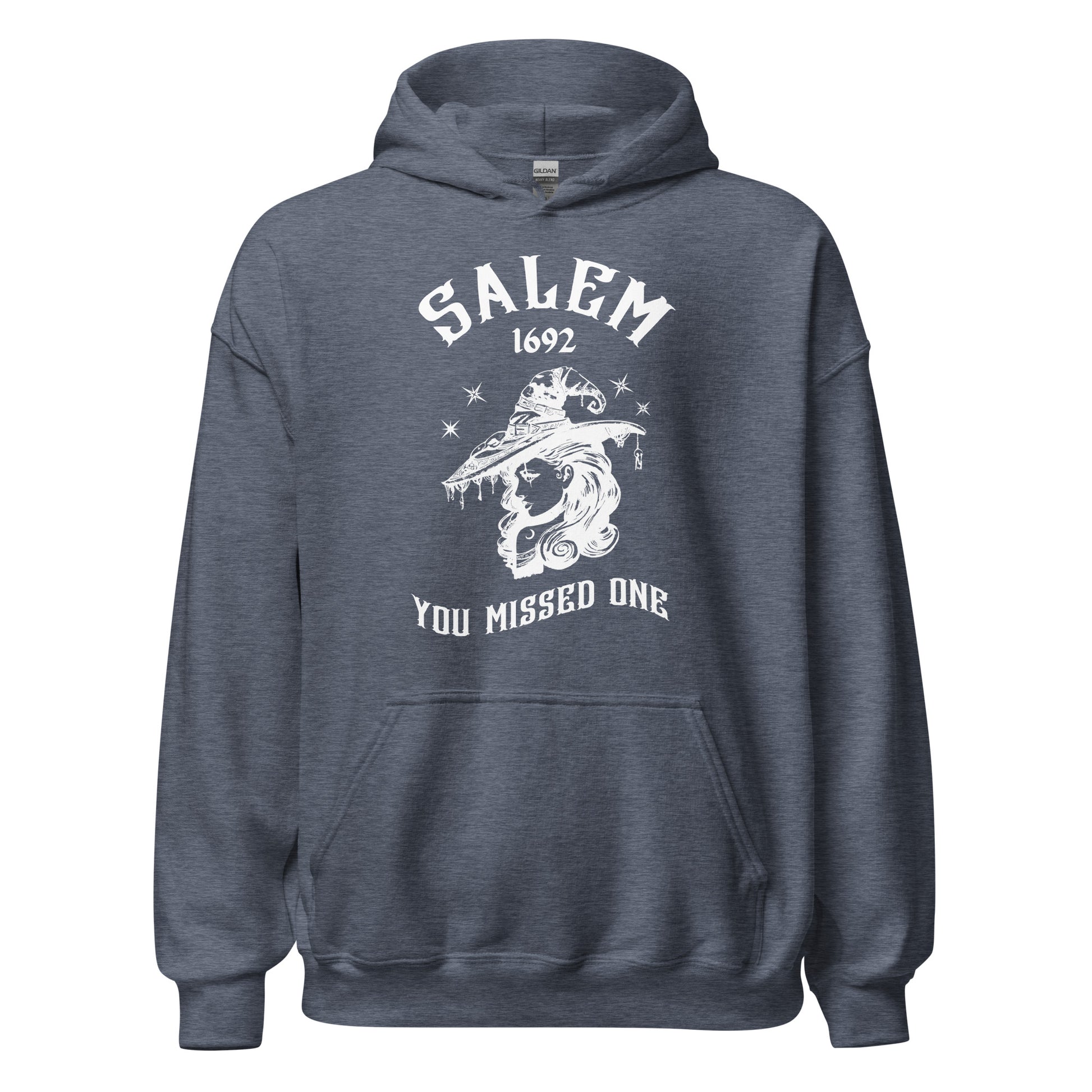 Heather sport dark navy hoodie with 1692 Salem Witch Trials You Missed One written in white letters from apparel shop Midnight Gypsy Designs.