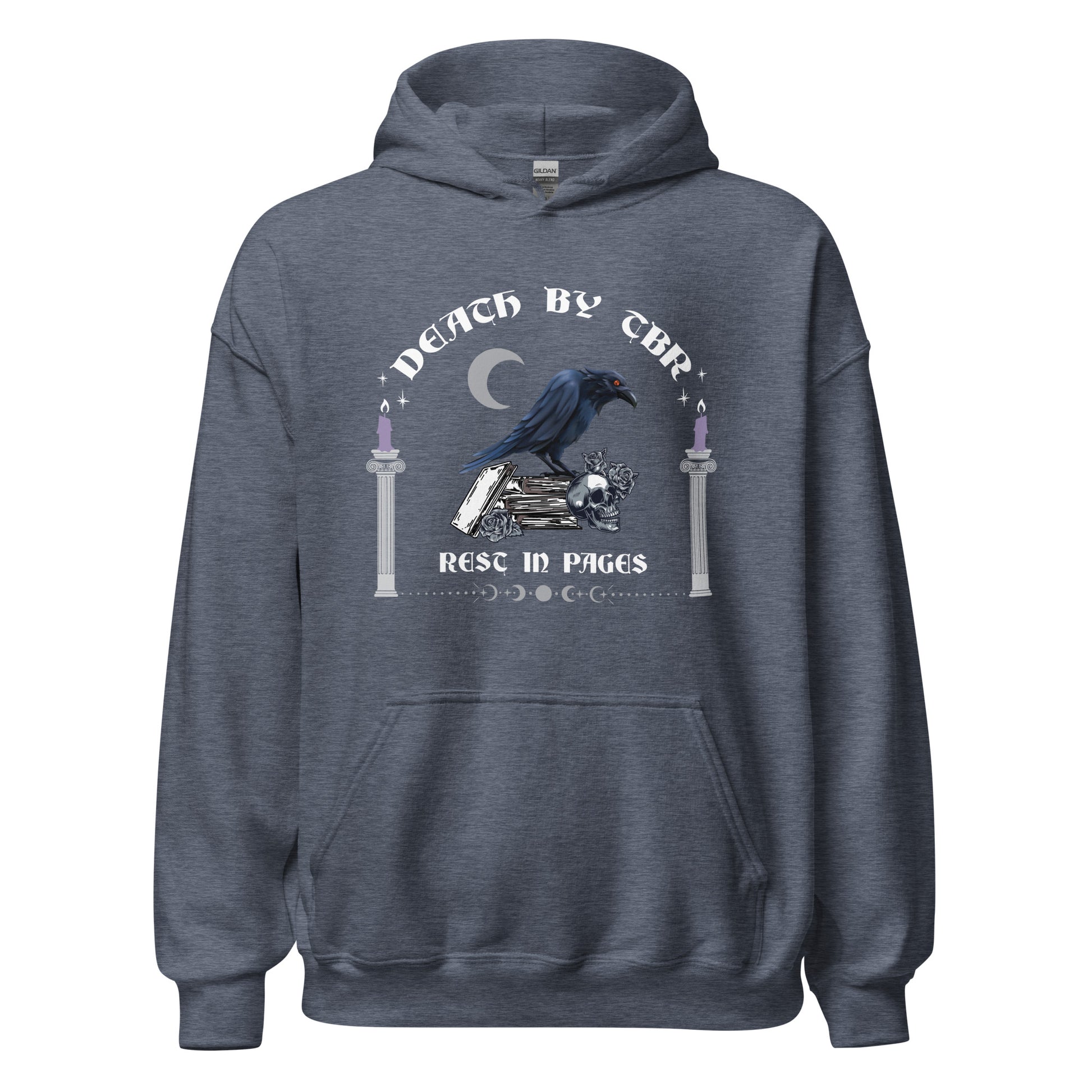 Heather sport dark navy Gildan hoodie that reads Death By TBR Rest In Pages with moon, raven standing on a book stack, a skull, and two burning candles from bookish shop Midnight Gypsy Designs.