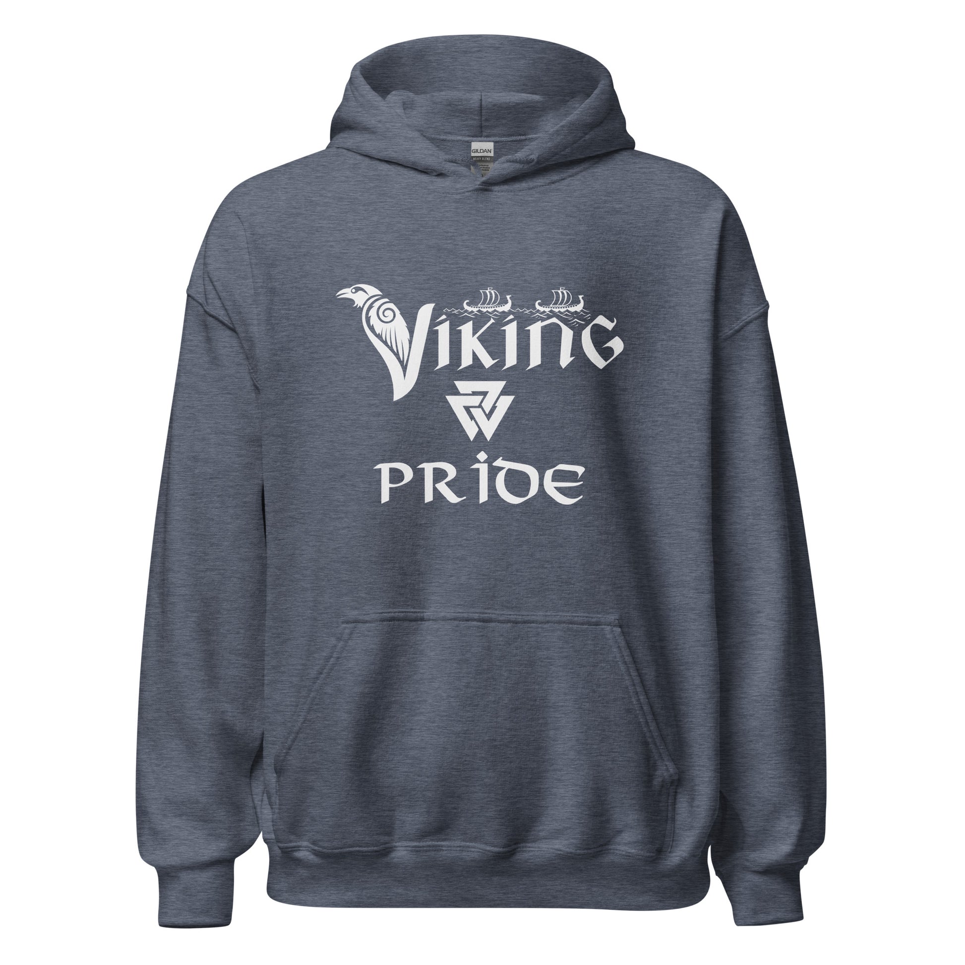 Gildan heather dark navy hoodie that reads Viking Pride with crow and valknut symbol created by Norse Viking apparel shop Midnight Gypsy Designs. 