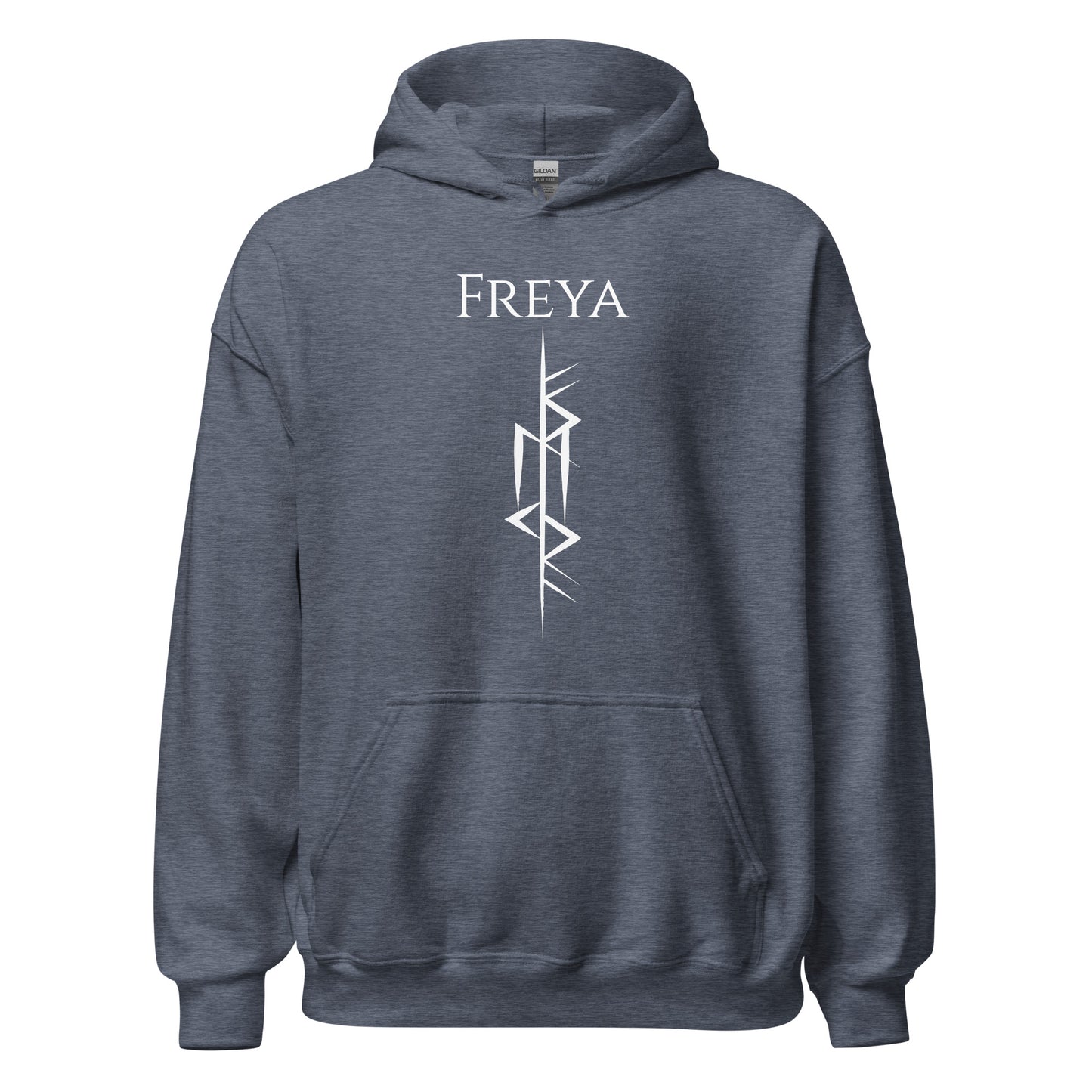 Heather dark navy Viking warrior hoodie that says Freya with the Freya Goddess of Love Norse rune symbol created by Viking apparel shop Midnight Gypsy Designs.